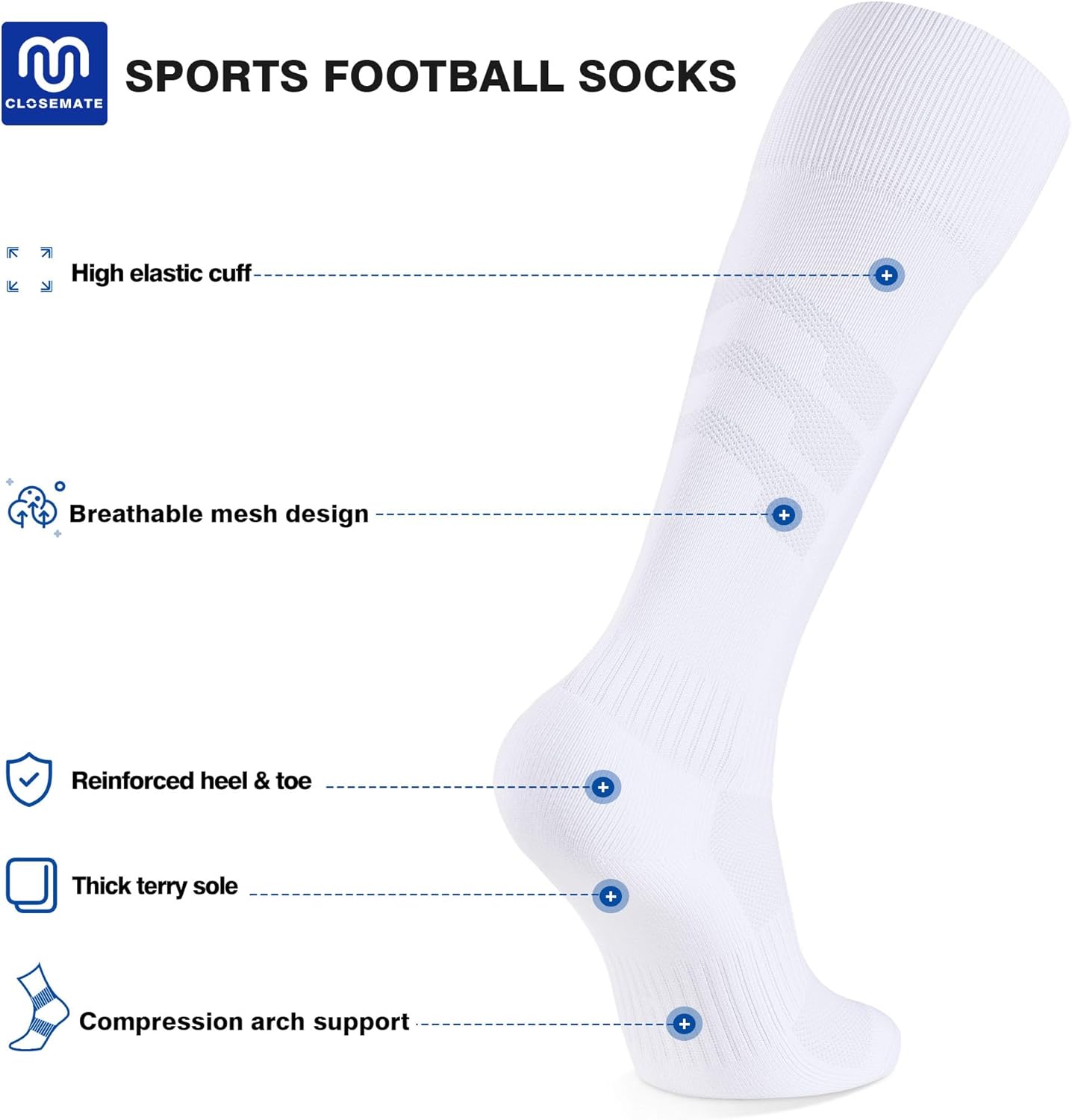 Thumbnail 2 de CLOSEMATE 2 Pairs Football Knee High Sport Socks – Moisture-Wicking, Cushioned & Anti-Blister
