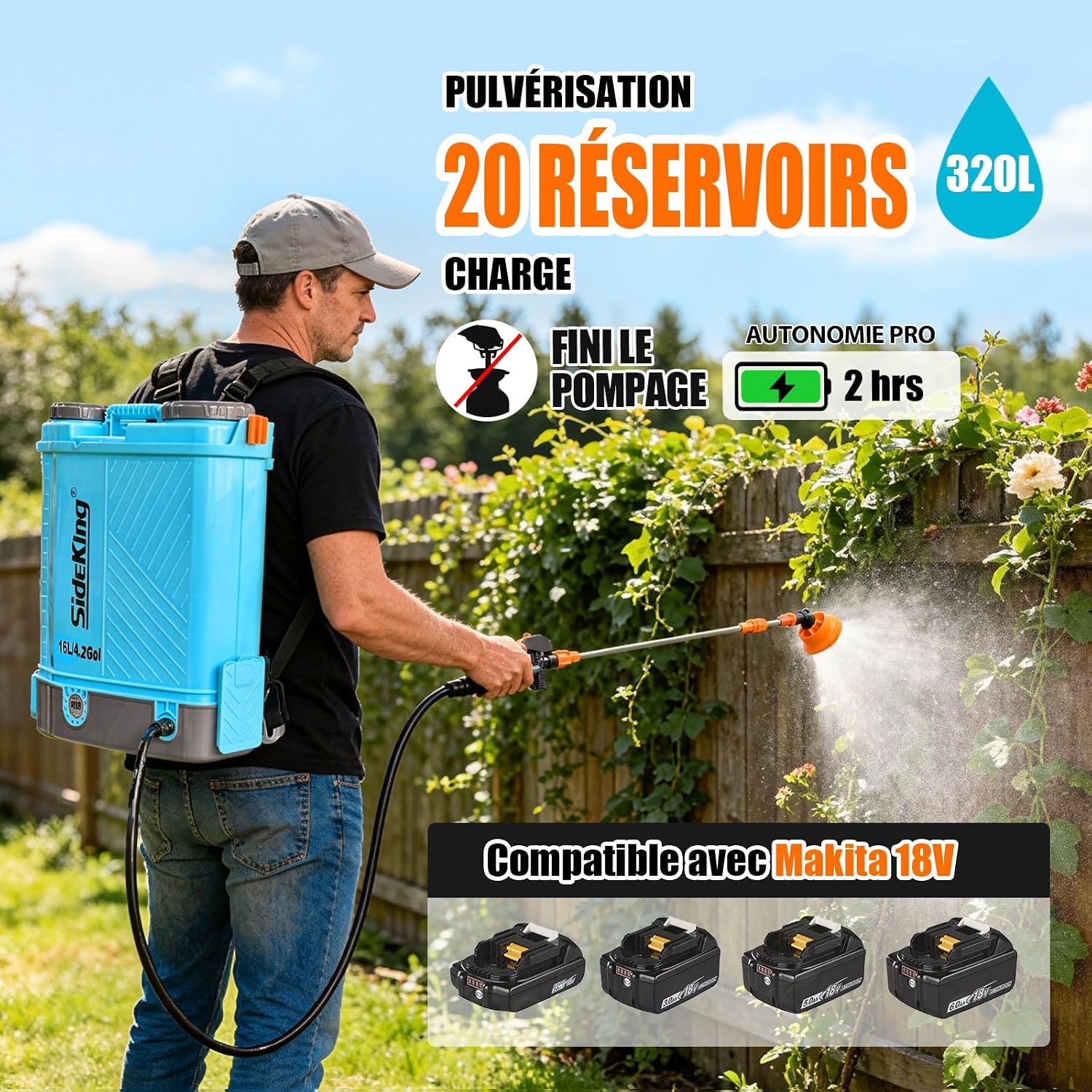 Detalle de SideKing Pulvérisateur à Dos 16L — Électrique, compatible Makita 18V, 7 Bar, Lance Télescopique