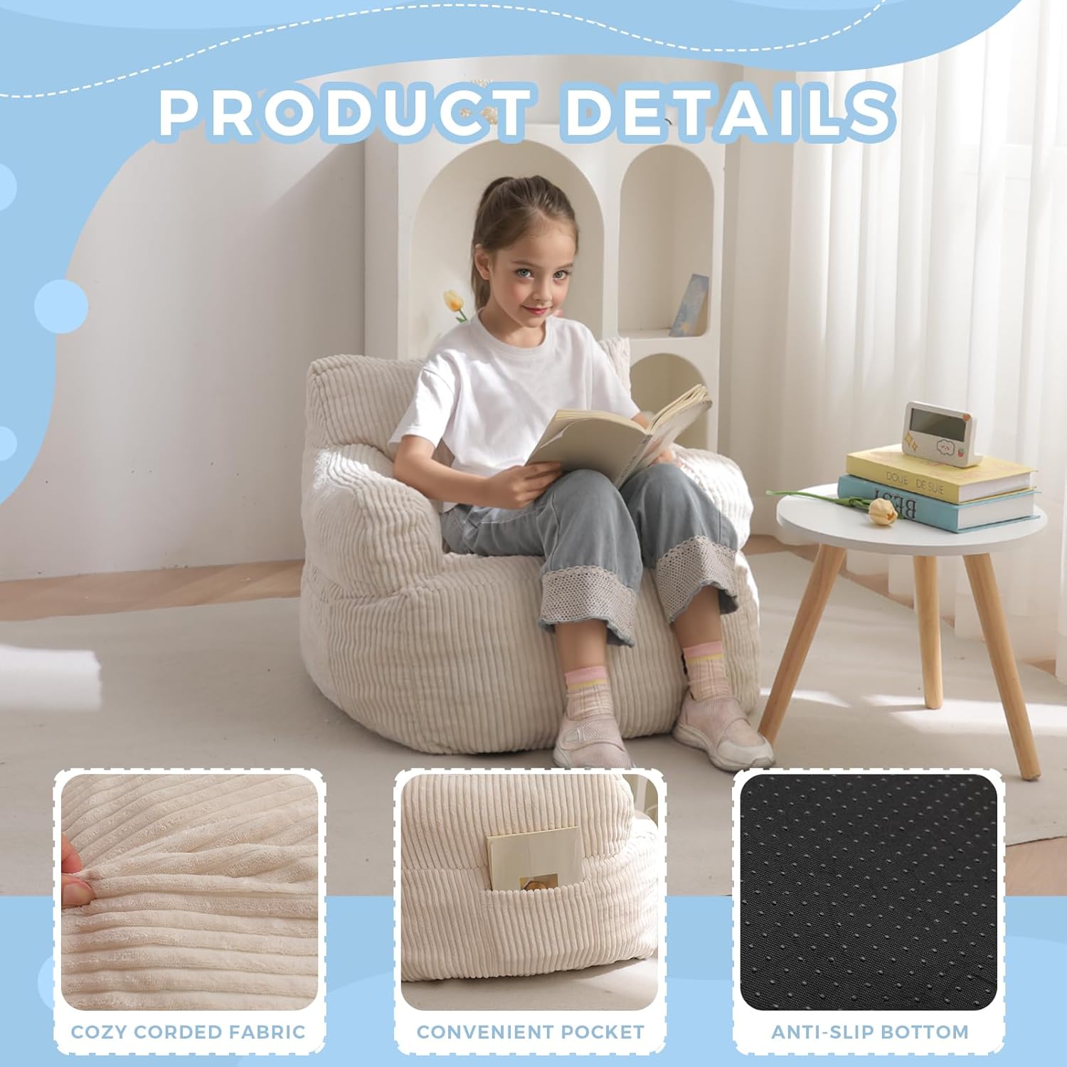 Thumbnail 4 de MAXYOYO Kids Bean Bag Chair with Pocket Floor Chair for Reading and Gaming (Beige)