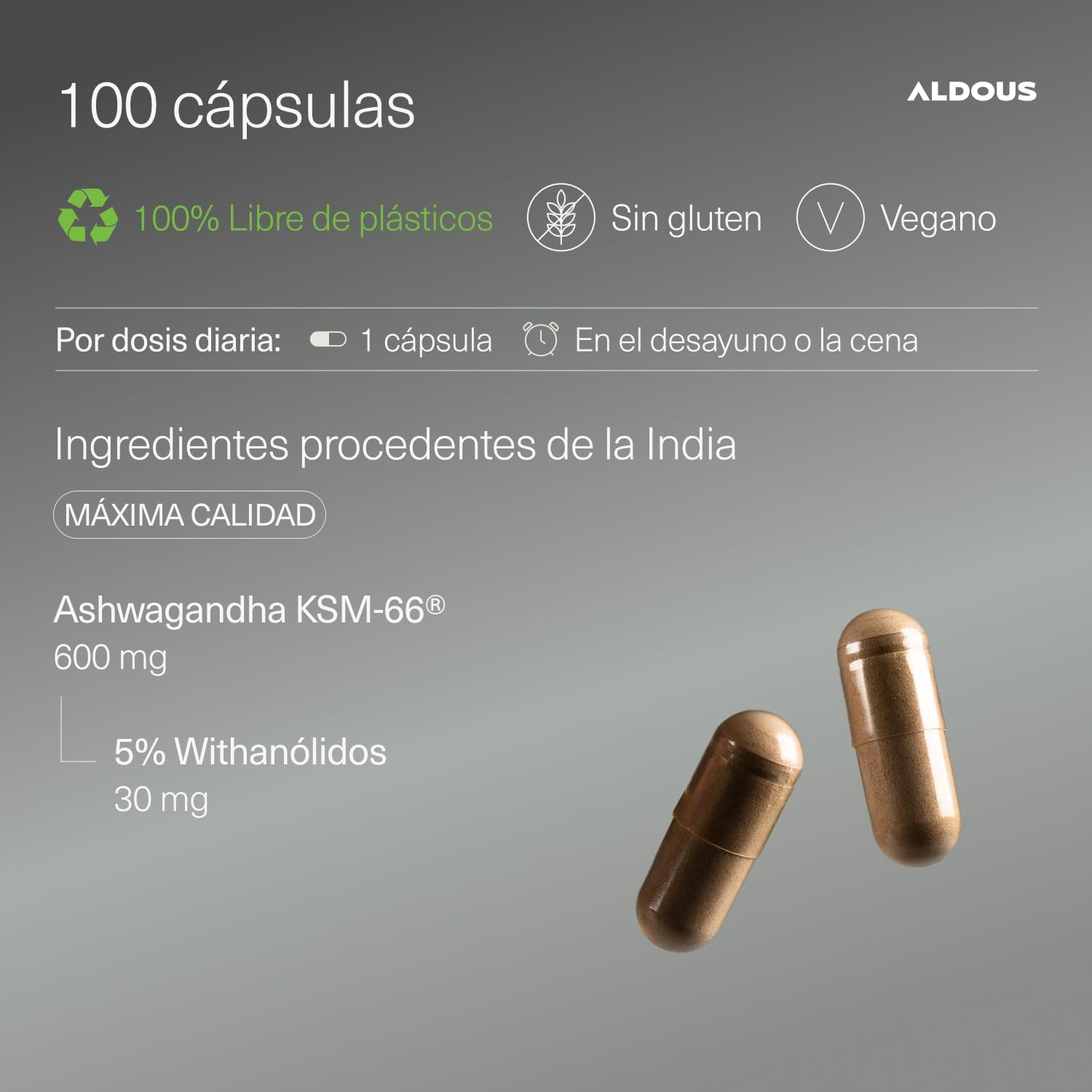 Thumbnail 2 de Ashwagandha KSM-66® Ecológica de Aldous Bio — 600 mg por cápsula, 100 días, sin aditivos ni plástico