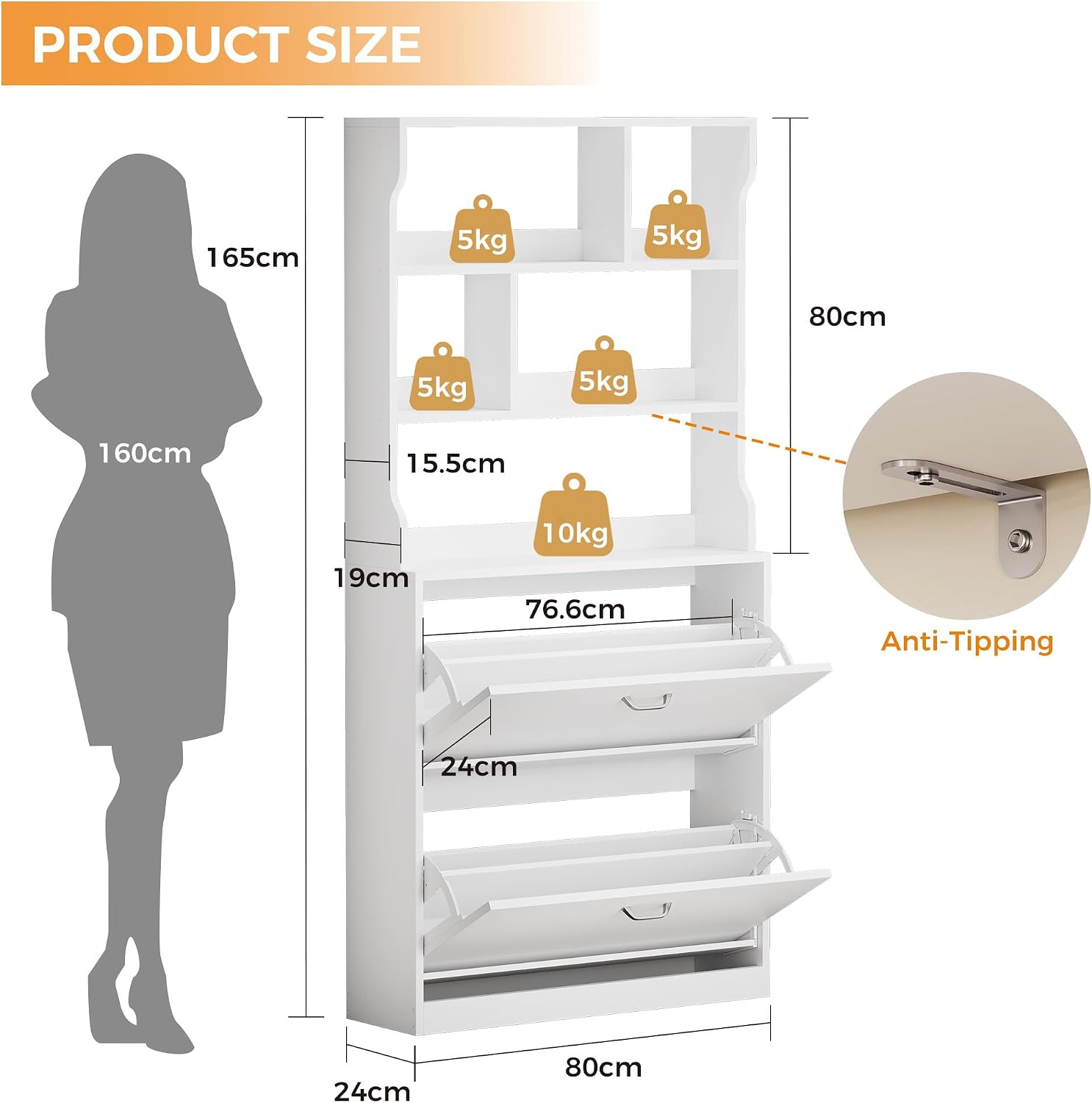 Thumbnail 2 de IRONCK Shoe Cabinet 2 Flip Drawers – Slim Freestanding Shoe Storage, 3-Tier Open Shelves, 80x24x165cm, White