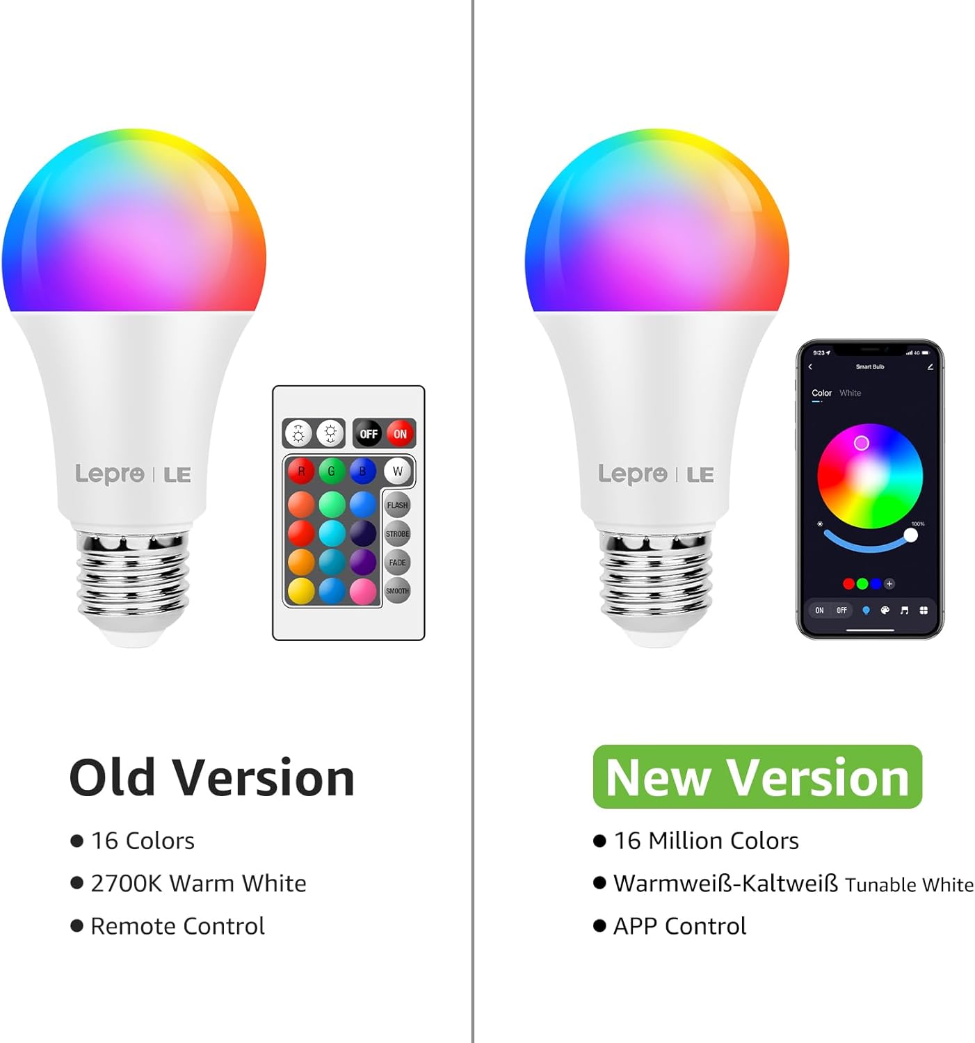 Thumbnail 3 de Lepro 9W E27 LED Lampe mit Bluetooth App-Steuerung – RGBW, 16 Farben, 2700K–Kaltweiß, dimmbar, Gruppensteuerung