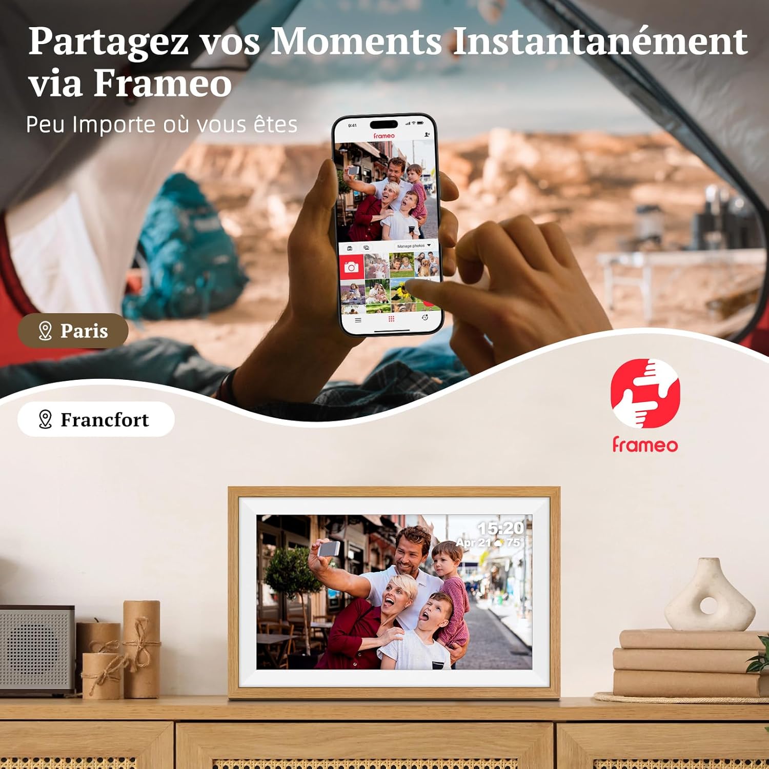 Detalle 2 de Apveelveer Frameo Cadre photo numérique WiFi 15,6 pouces 94% sRGB, 32 Go, tactile IPS (chêne)