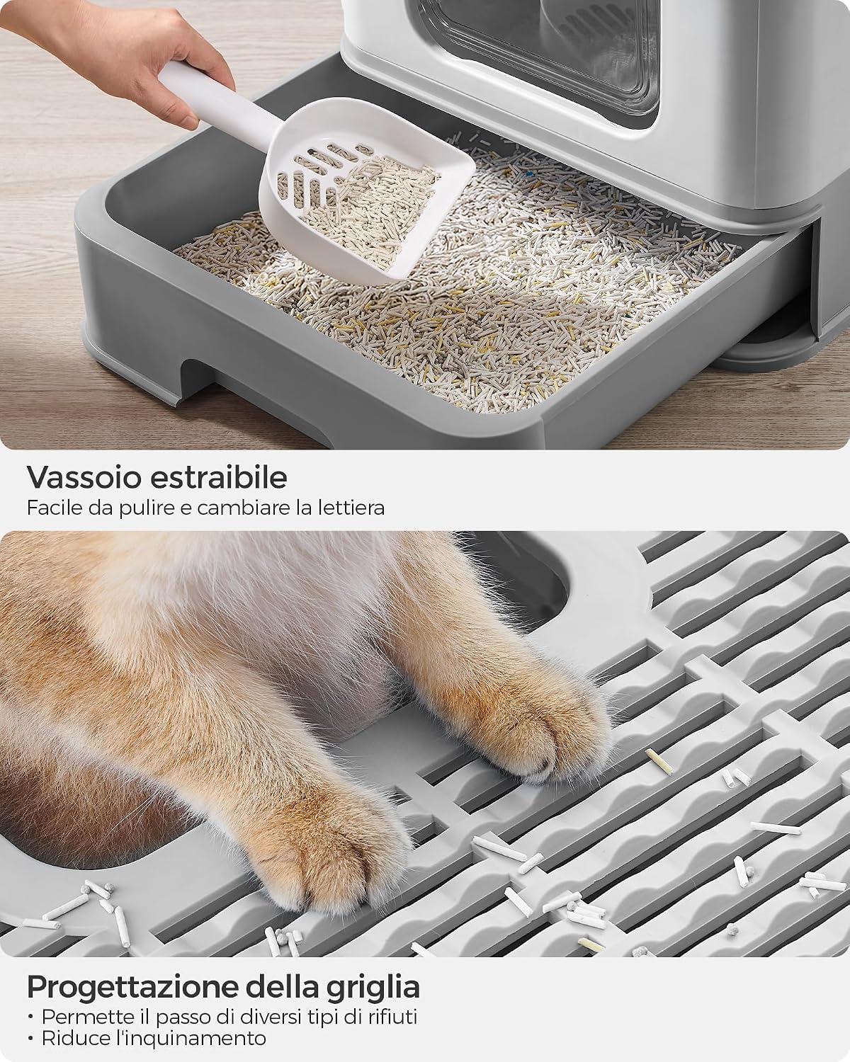 Detalle de Feandrea Lettiera per Gatti Nascosta PPT001GD03 — Casetta con Vassoio Estraibile e Accessori