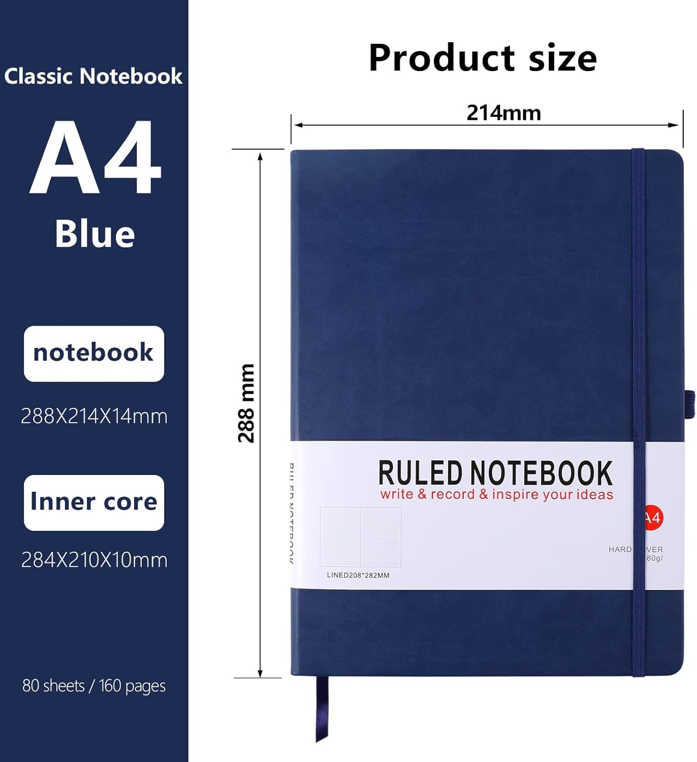 Thumbnail 1 de A4 Notebook, Notebook A4 Journal Notebook Hardcover Notepad with Bookmark Composition Notebooks, Pen Loop, and Elastic Closure, 8.3" X 11.18"，Dark Blue