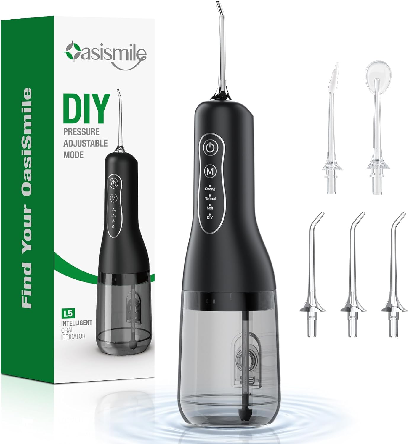 OasiSmile Hydropulseur Jet Dentaire 300 ml avec 5 embouts et 4 modes – portable, IPX7, USB-C