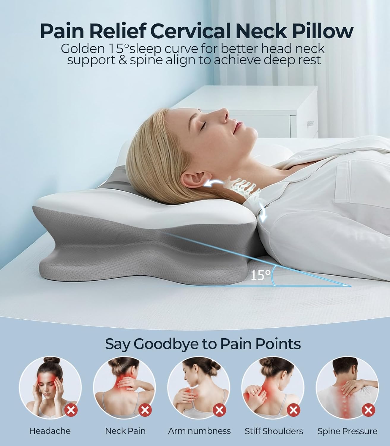 Detalle de HAMYODO P-4J2D-BHPJ Cervical Neck Pillow, Cooling Memory Foam, 6-Zone Support