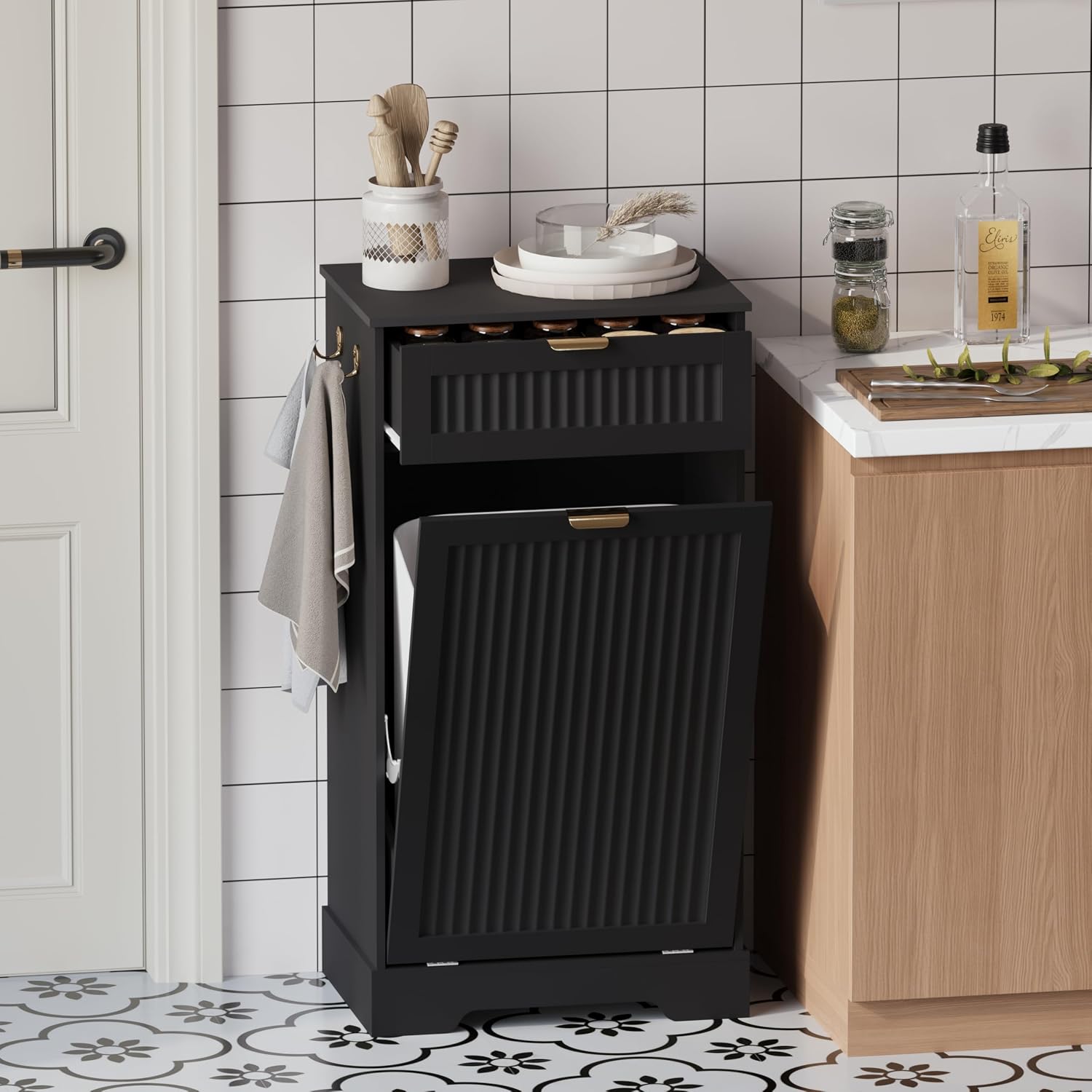 Thumbnail 6 de METOTI HLG186-BK-01 Tilt-Out Trash Cabinet, 13-Gallon, Black Fluted