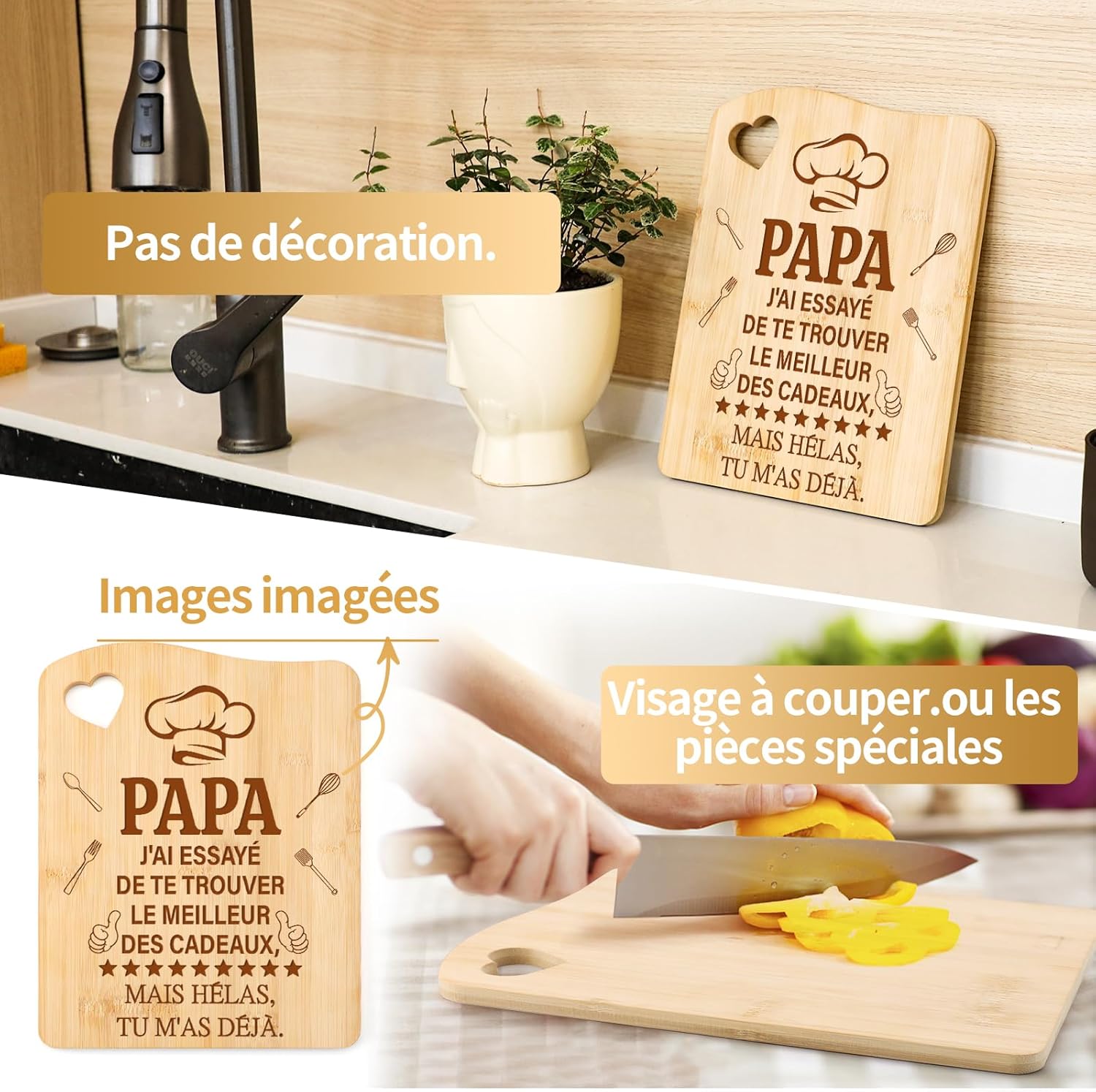Detalle 1 de Tulolvae Cadeau Papa – Planche à Découper en Bambou 21,5 x 27,5 cm, idée cadeau original