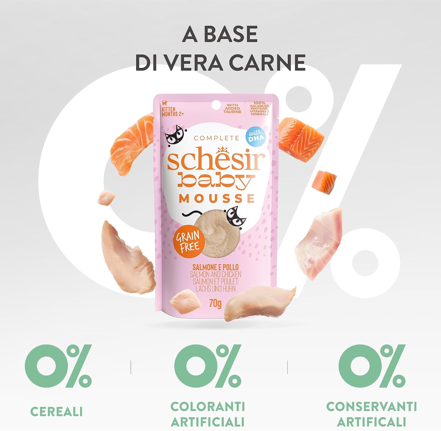 Detalle 2 de Schesir Baby Filettini di Pollo con Salmone in Mousse per Gattini – Grain Free, DHA e Taurina, 12x70 g