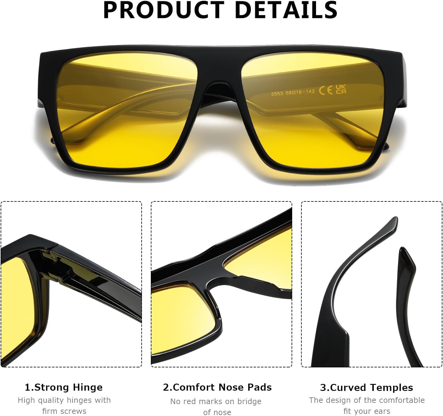 Detalle de Kimorn Night Vision Driving Glasses – Fit Over Glasses, Yellow Tint, Anti-Glare (Oversized)