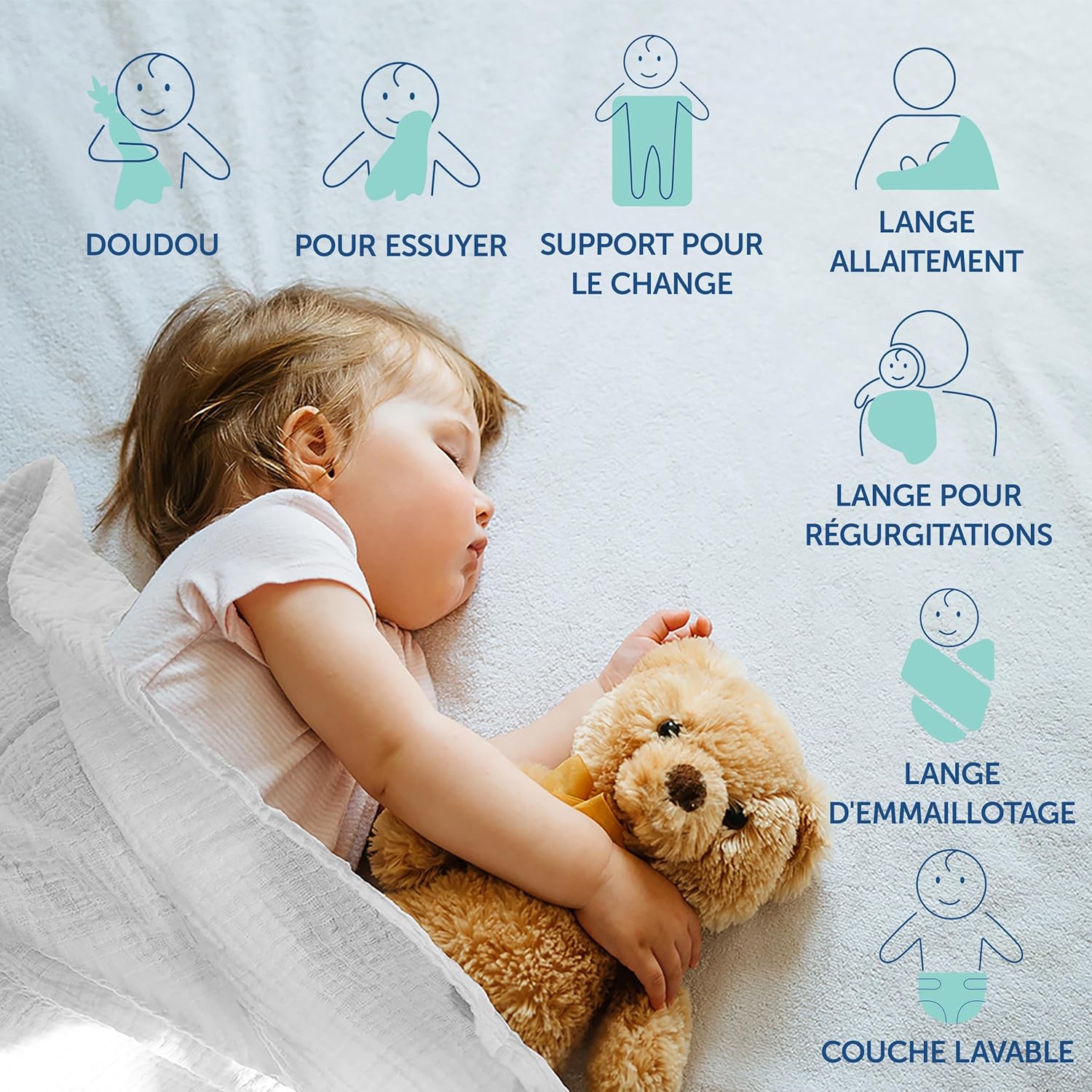 Thumbnail 4 de MAKIAN Lange bébé en mousseline 70x70 cm (lot de 4) — coton double gaze certifié Oeko-Tex, verts/blanc/menthe/gris