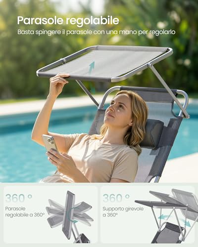 Detalle de SONGMICS Set da 2 Sedie a Sdraio Pieghevoli con Parasole e Schienale Regolabili – Grigio GCB292GZ02