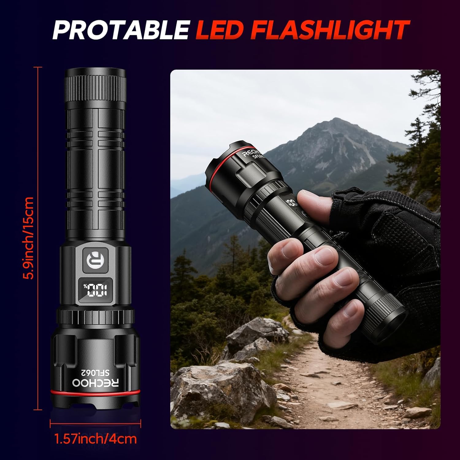 Detalle de RECHOO Rechargeable Flashlights 2 Pack: Super Bright LED Torches with LCD Display