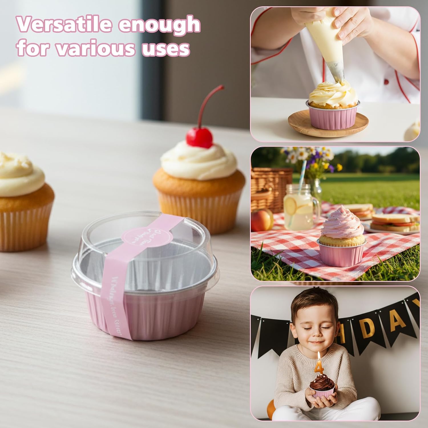 Detalle de Ruckae 5oz Round Mini Loaf Pans with Lids (100 pcs) – Pink