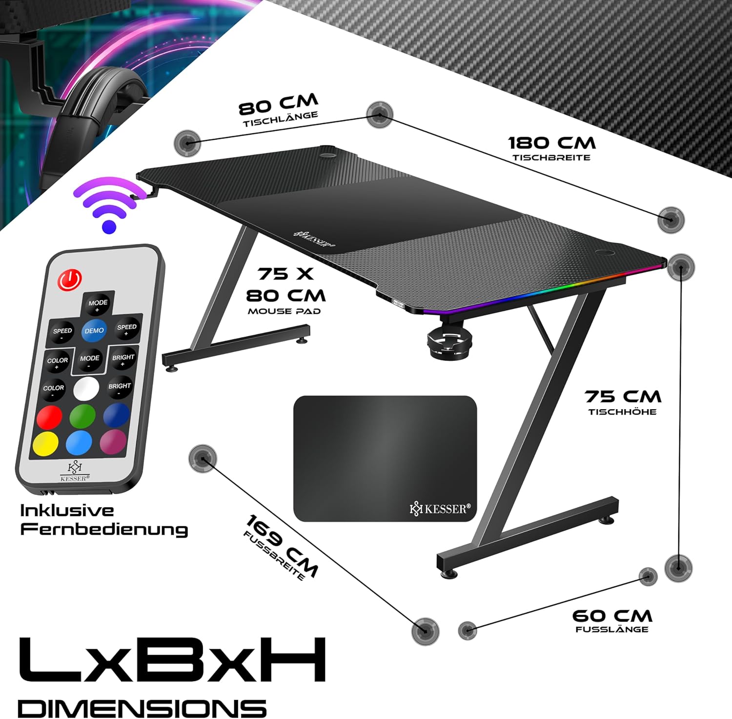 Thumbnail 1 de KESSER Gaming Tisch LED 180 cm x 80 cm – Z-Form Gaming Desk mit Kopfhörerhaken, Kohlefaser-Optik und Getränkehalter