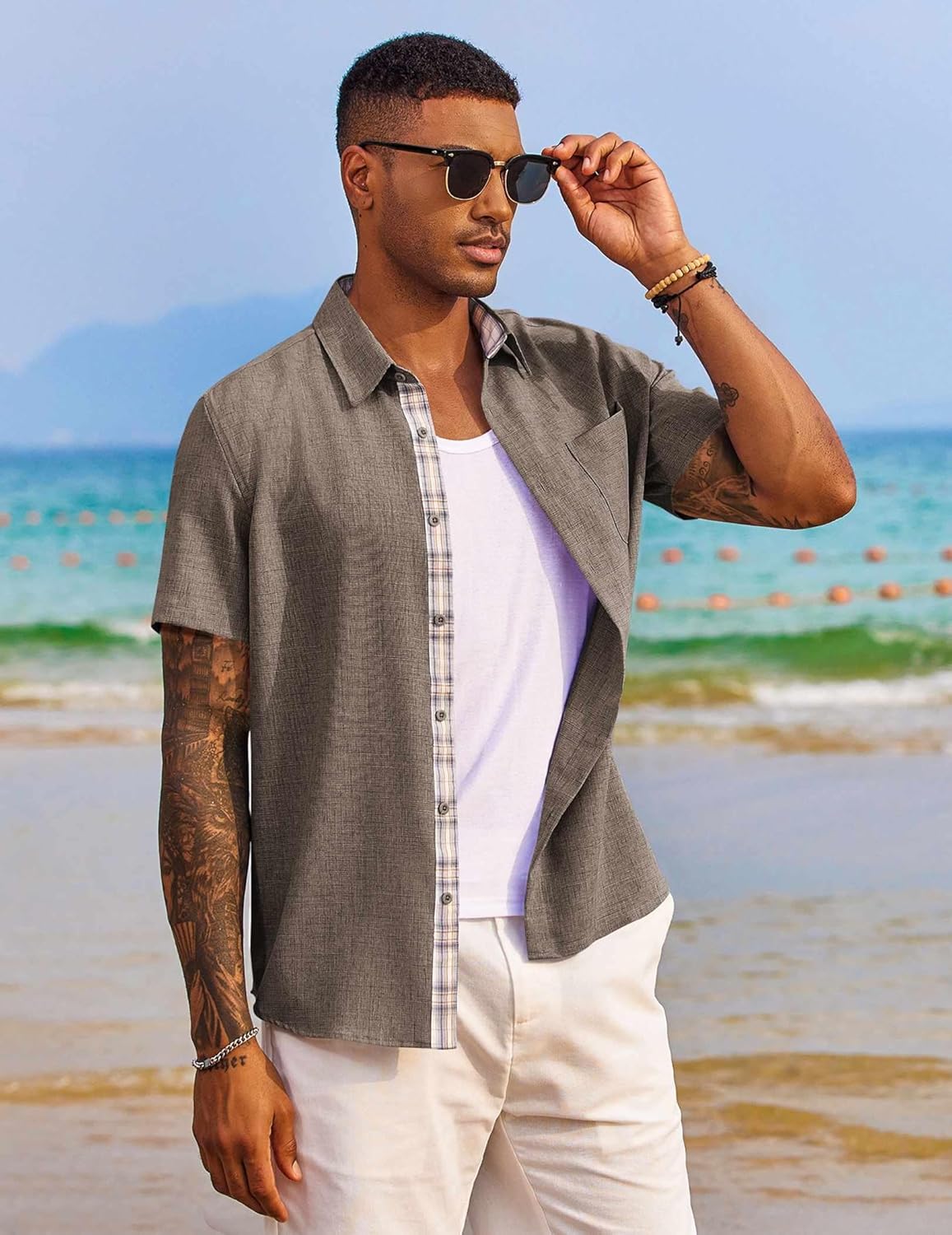 Thumbnail 2 de COOFANDY Men's Short Sleeve Button Down Shirt with Pocket – Lightweight Summer Beach Style