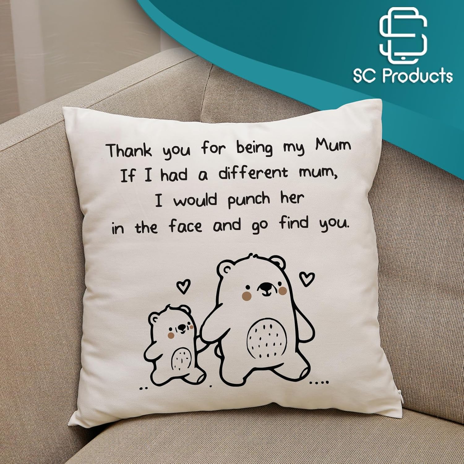 Thumbnail 4 de SC Products Mum Cushion Cover (Bear or Elephant) Funny Mum Gift, 45 x 45cm Linen Scatter Cushion Cover
