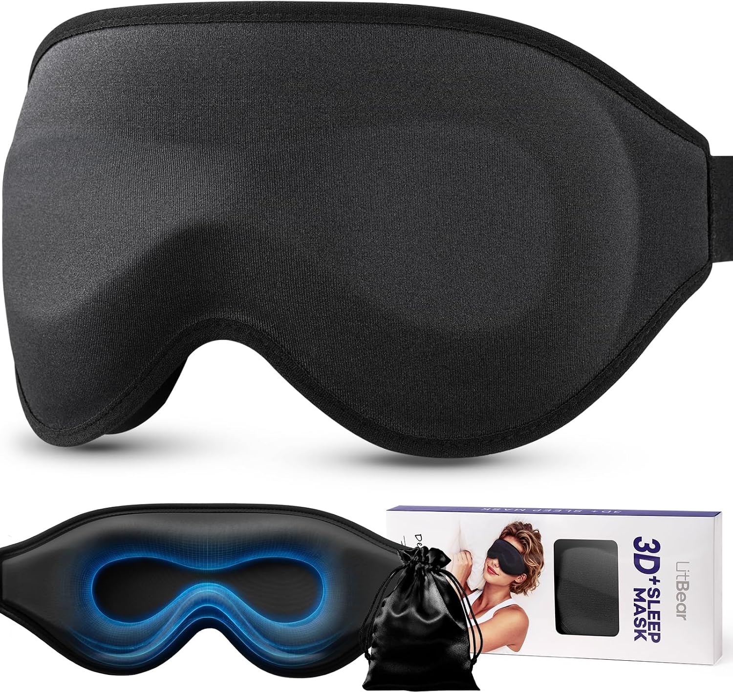 Detalle de LitBear 3D Schlafmaske – Dunkelheit für Seiten-, Rücken- und Bauchschläfer (Schwarz)