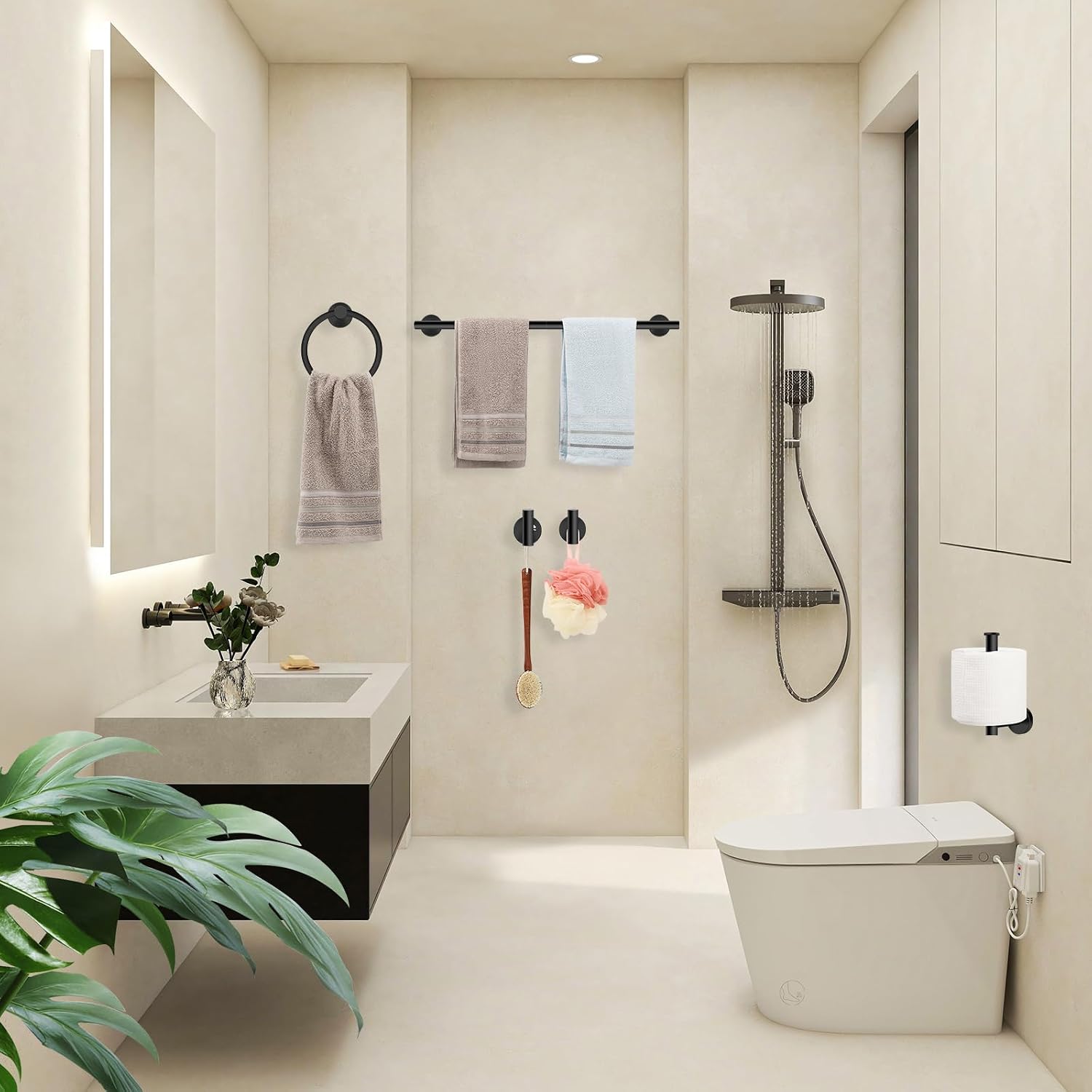 Detalle 2 de Ntipox YM0423 Matte Black 5-Piece Bathroom Hardware Set, 24-Inch Towel Bar