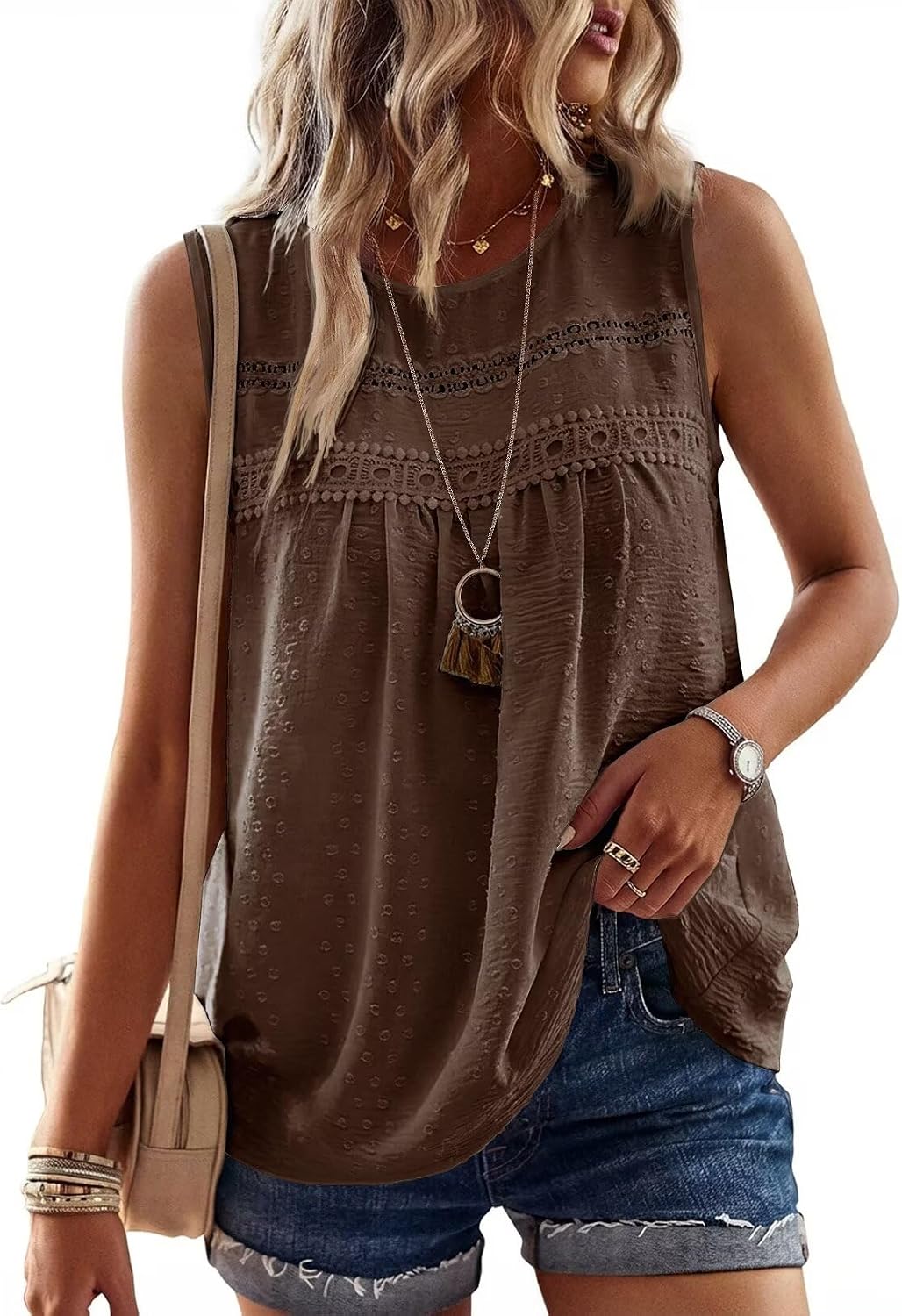 Detalle 2 de Falechay Womens Summer Tops Boho Crochet Lace Crewneck Sleeveless Tank