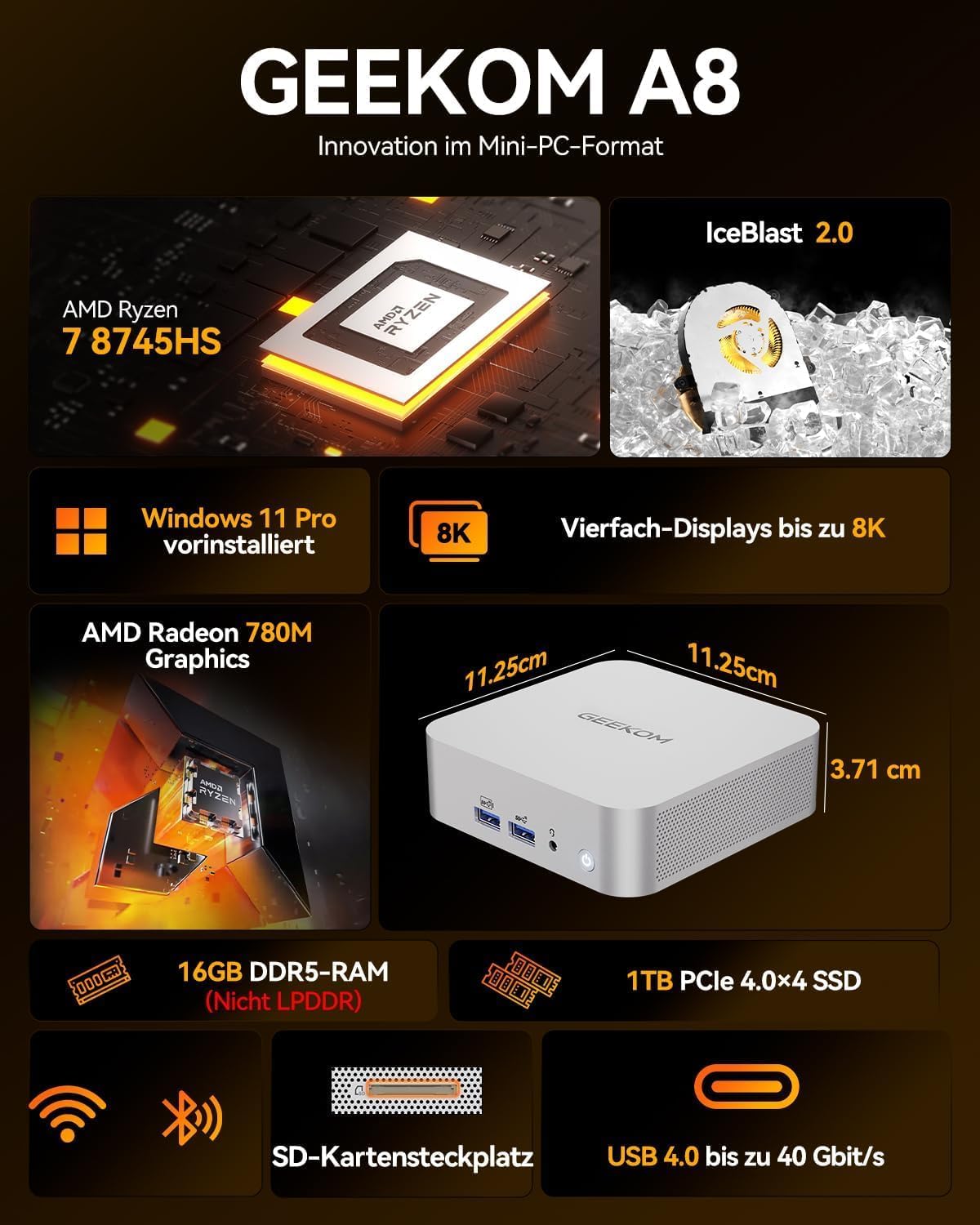 Detalle de GEEKOM A8 Office Mini-PC mit Ryzen 7 8745HS