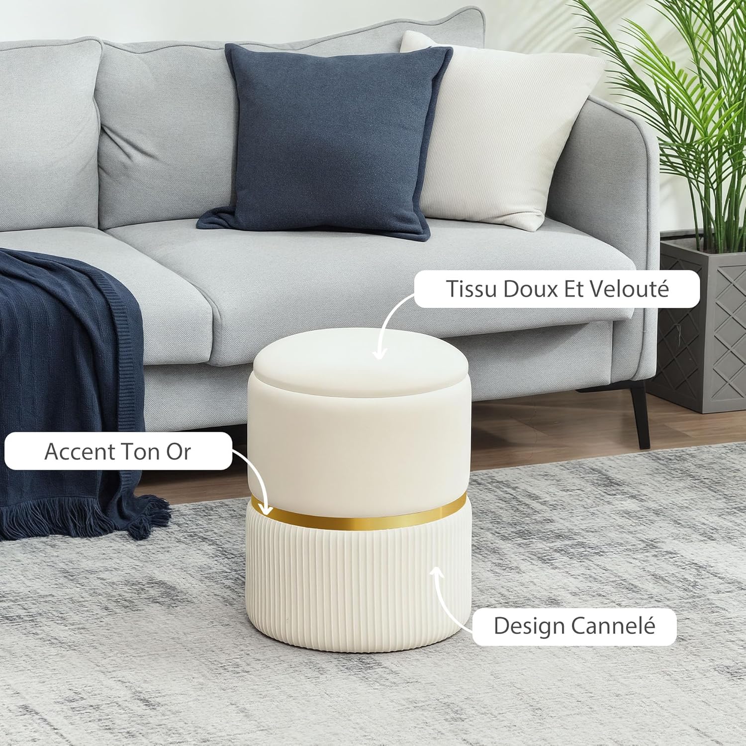 Thumbnail 4 de HOMCOM Pouf Tabouret Repose-Pied avec Coffre de Rangement en Velours côtelé Beige – 36 x 36 x 44 cm