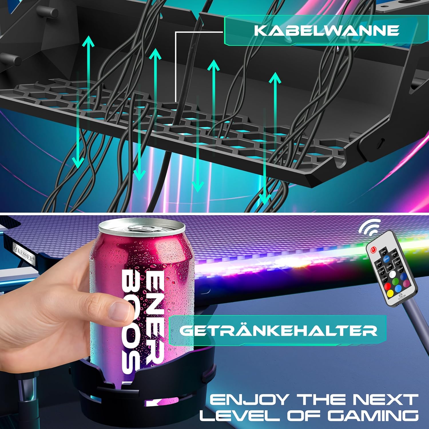 Thumbnail 6 de KESSER Gaming Tisch LED 180 cm x 80 cm – Z-Form Gaming Desk mit Kopfhörerhaken, Kohlefaser-Optik und Getränkehalter