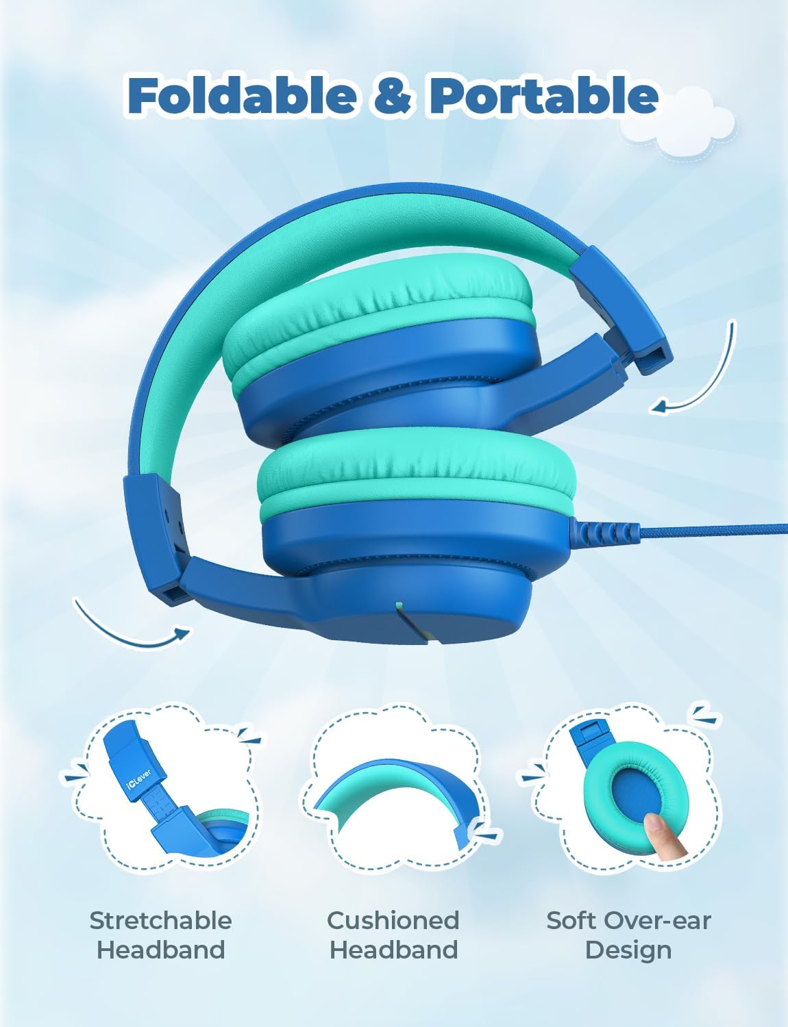 Detalle de iClever Kids Headphones for School or Travel (2 Pack) – Safe 85dB Volume, 40mm Drivers, Foldable Wired Headphones with Mic