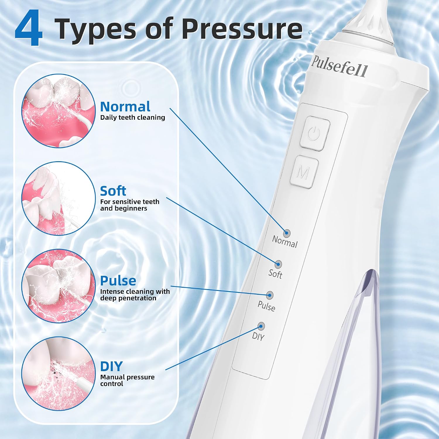 Detalle de Pulsefell Idropulsore dentale portatile ricaricabile 300 ml con 4 modalità e IPX7 (bianco)