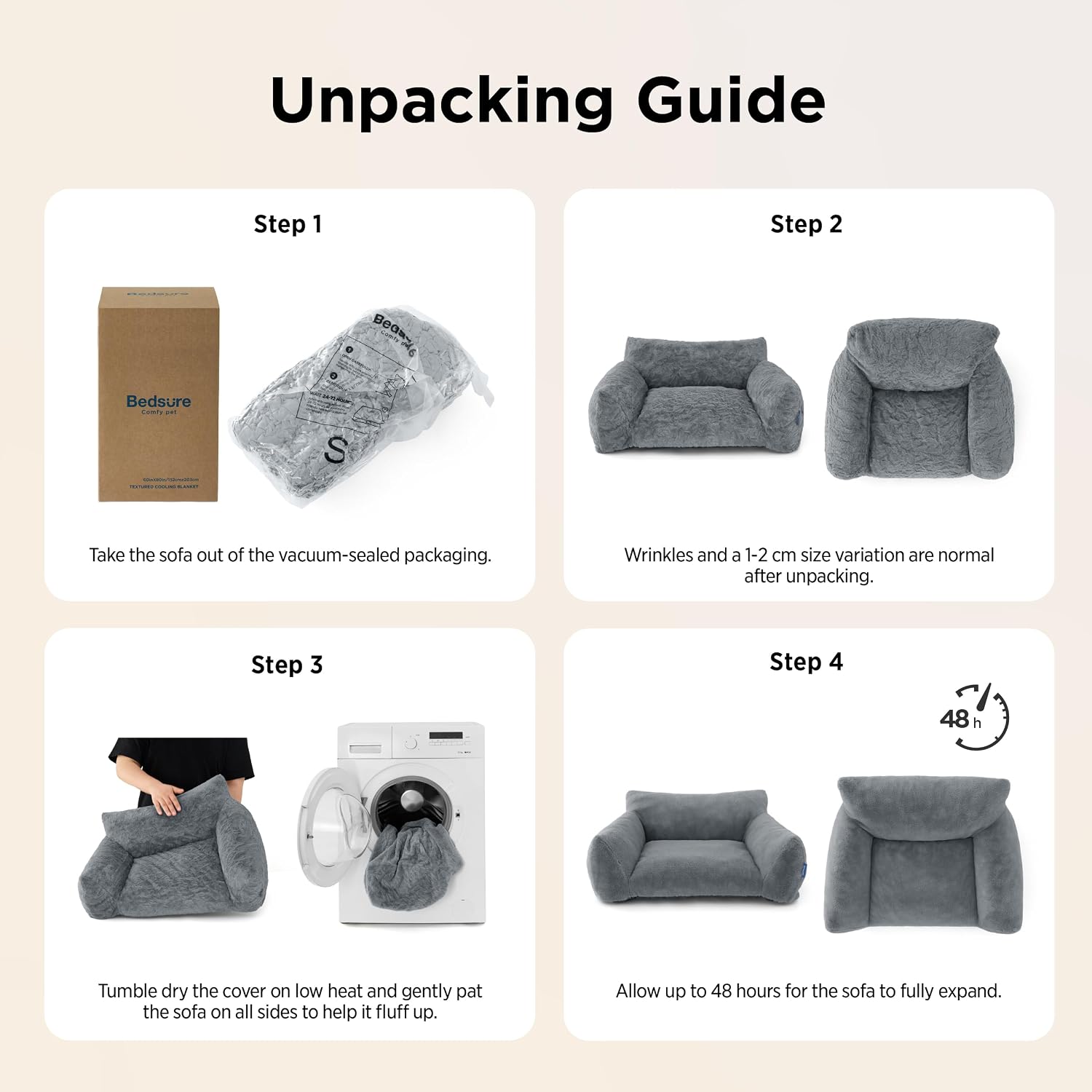 Detalle 2 de Bedsure Dog Sofa Bed Large – Dark Grey, 76x51x25cm, removable cover, anti-slip base