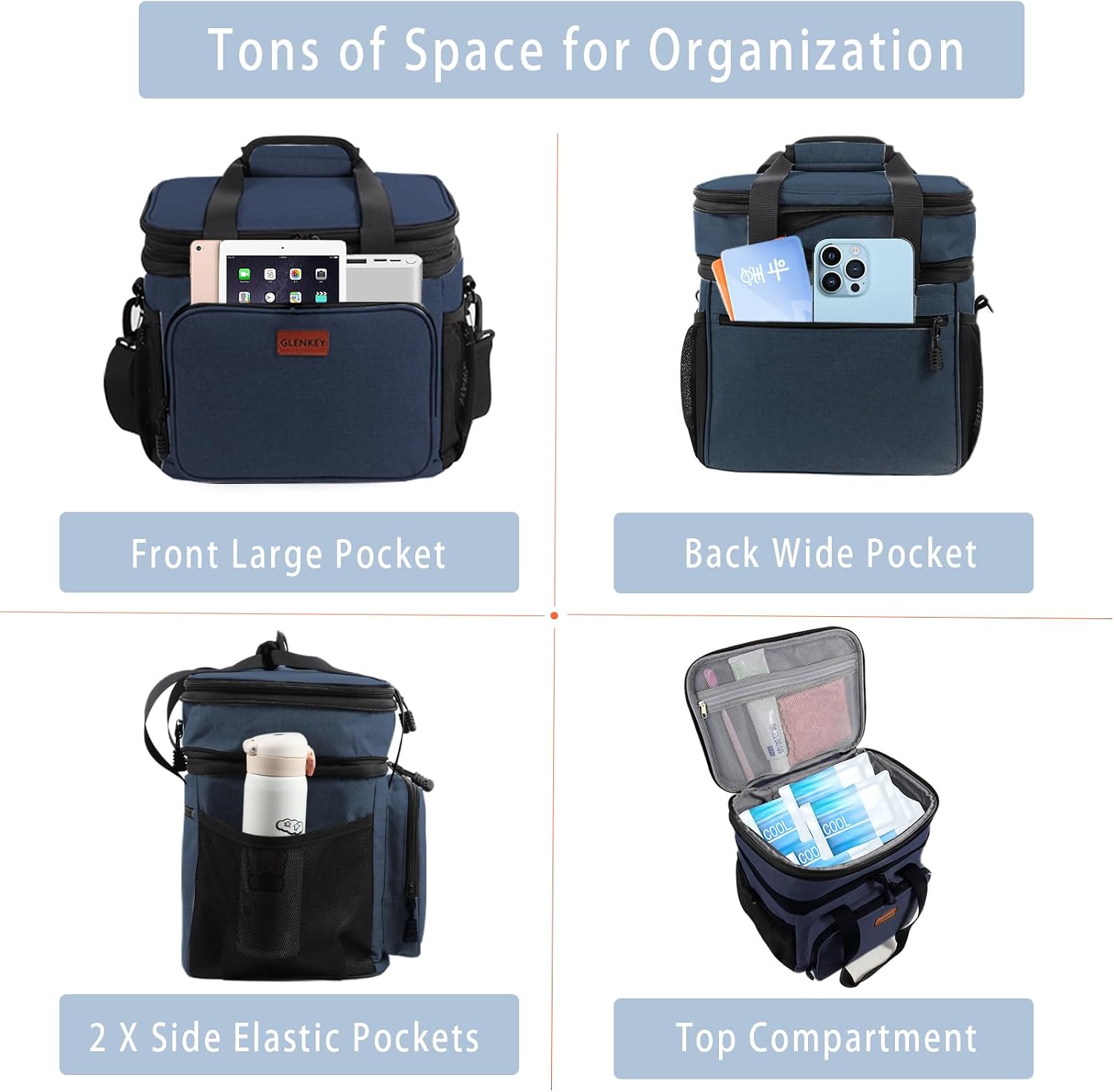 Detalle de GLENKEY CB01 Expandable Insulated Lunch Bag, 16 L Double-Deck Oxford Cooler