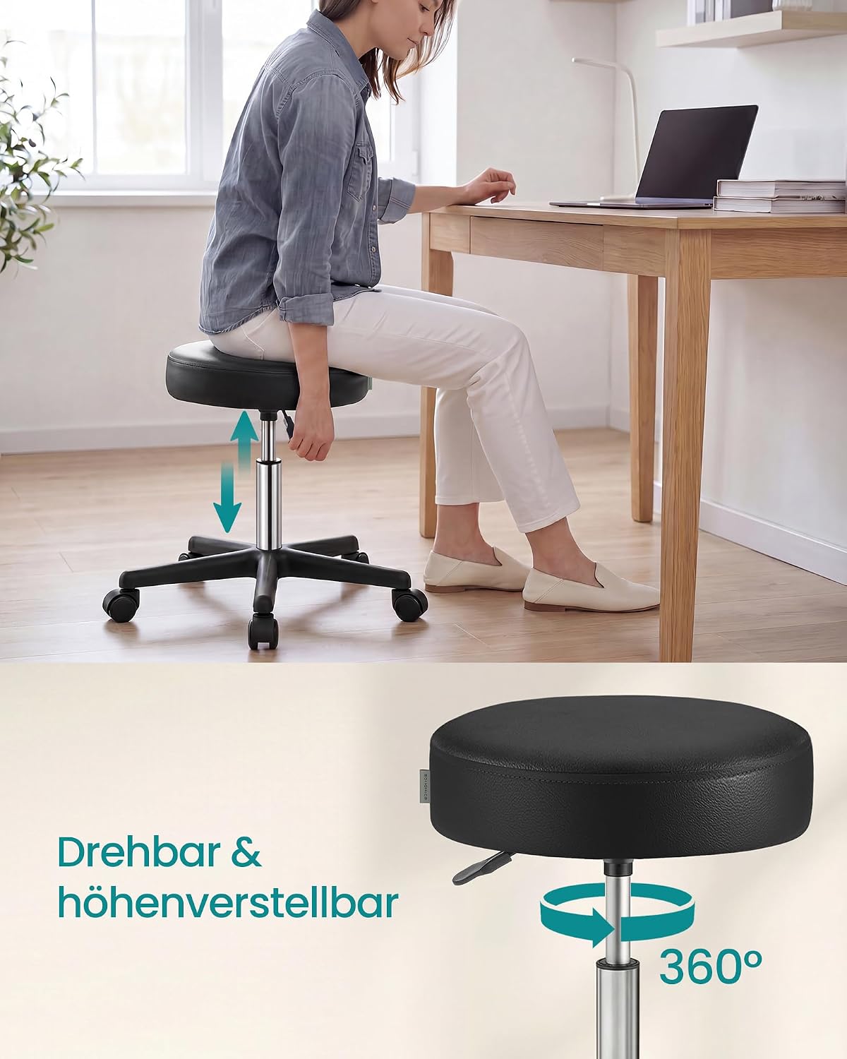 Detalle de SONGMICS Drehhocker auf Rollen LJB61B – höhenverstellbar (46–58 cm) für Studio, Salon & Büro