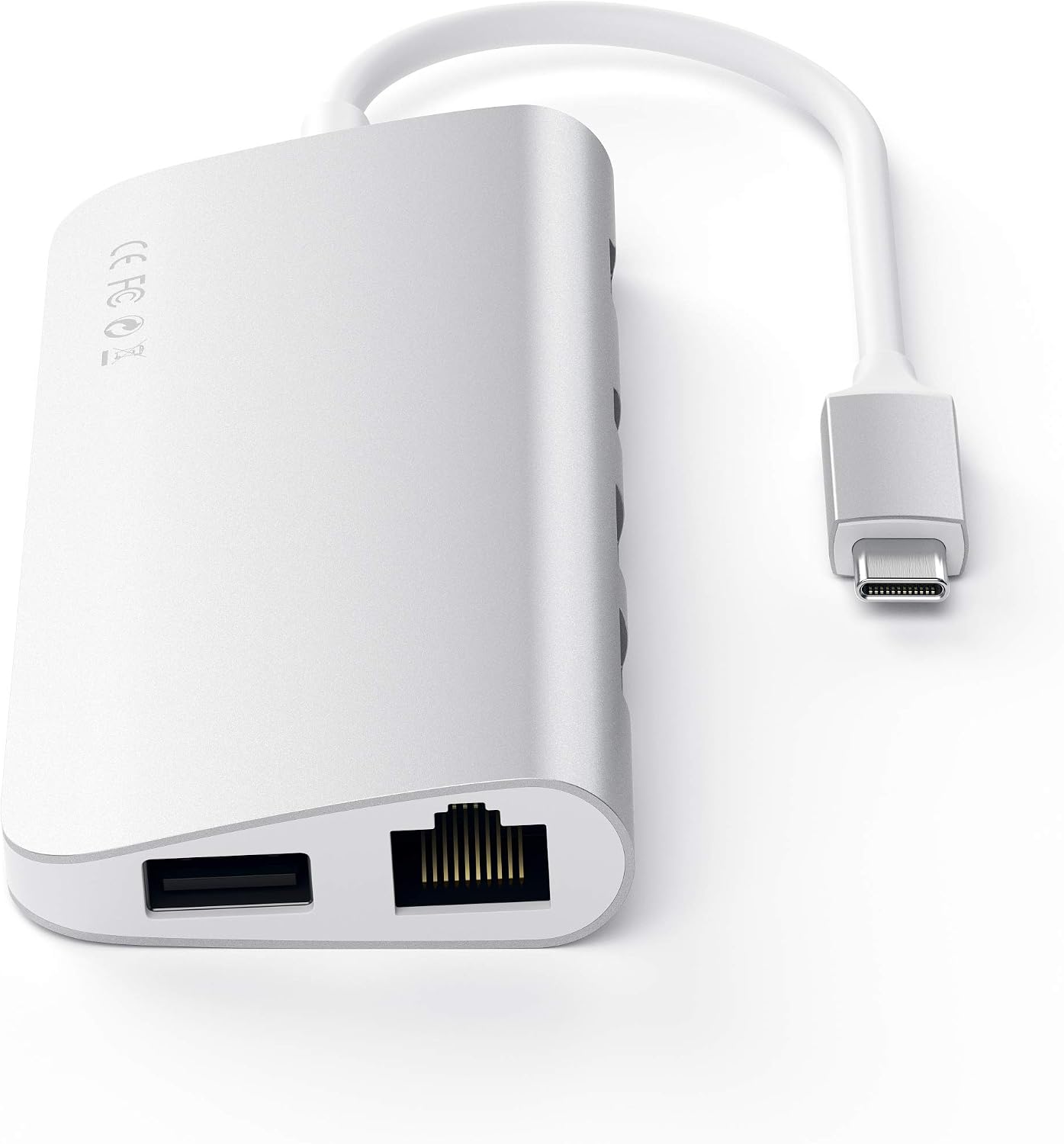 Detalle de SATECHI Hub USB-C con HDMI 4K, Mini DisplayPort, Ethernet e USB 3.0 (PD fino a 60W) in alluminio argento