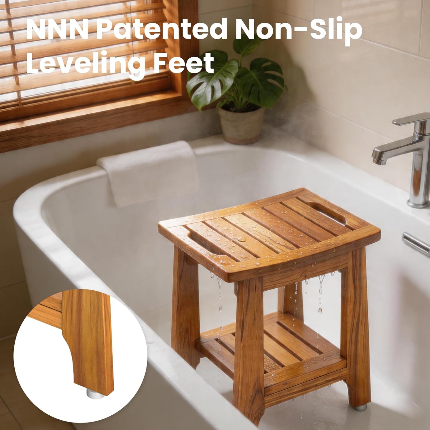 Thumbnail 1 de NNN 14" Compact Teak Shower Stool with Shelf & Handle (300 lbs)