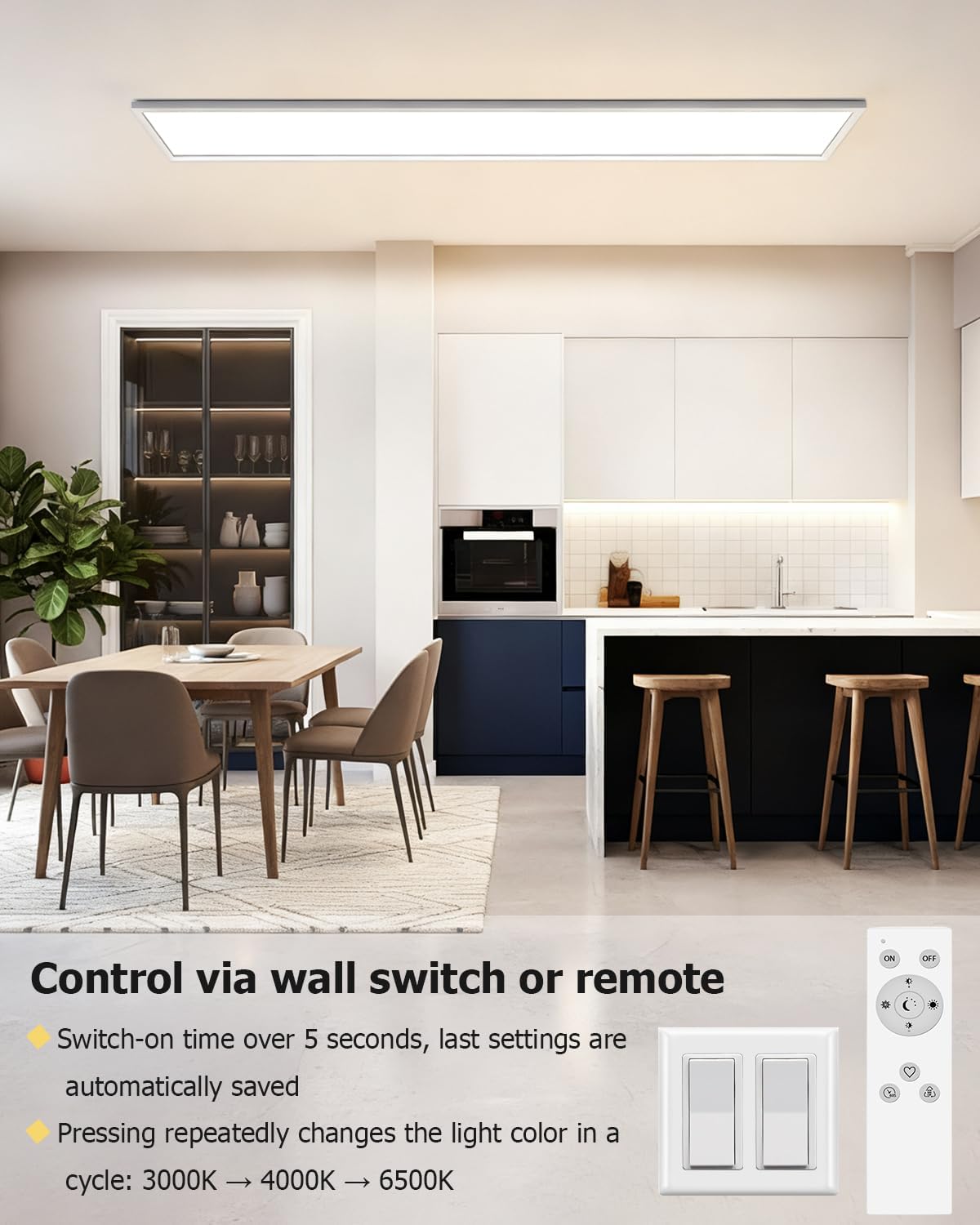 Detalle de Bowfar LED Deckenleuchte lang: dimmbar, Fernbedienung, ultradünn
