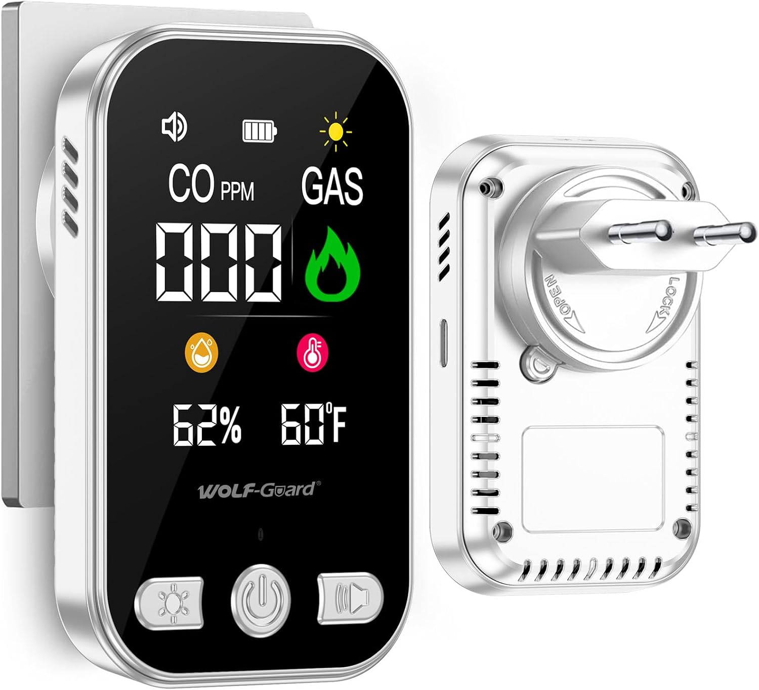 Detalle de Wolf Guard HD12 gas- en CO-melder met temperatuur- en vochtigheidsdisplay