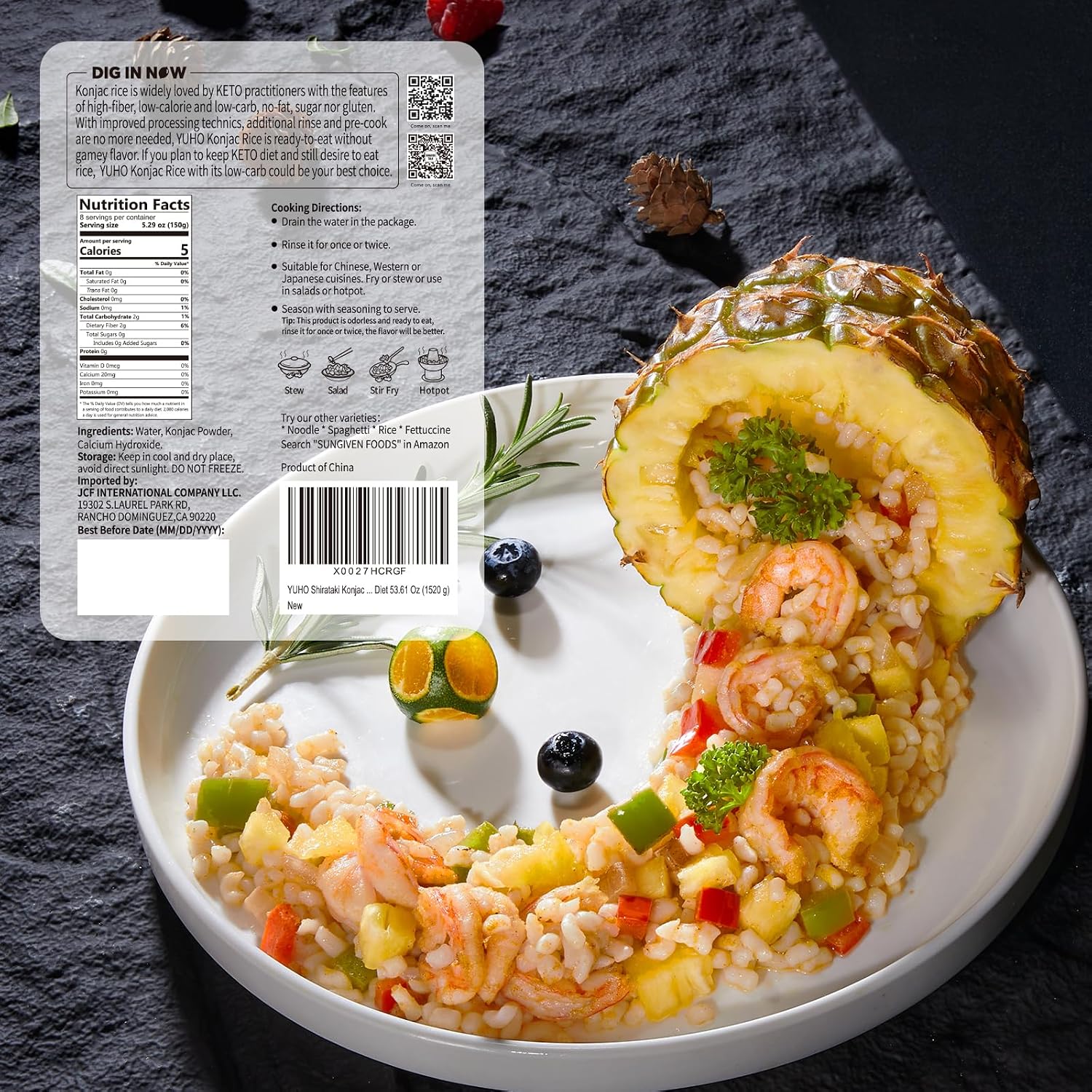 Detalle de YUHO Shirataki Konjac Rice (8 x 150 g) – Gluten-Free Vegan Rice Substitute