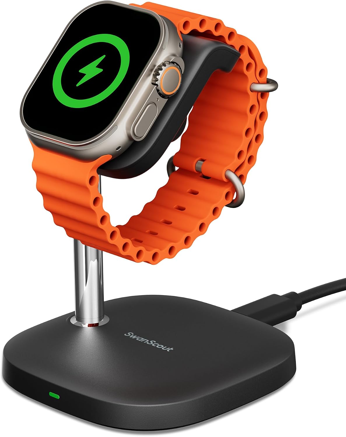 Detalle de SwanScout 505A laddningsställ för Apple Watch med 5 W och justerbar vinkel