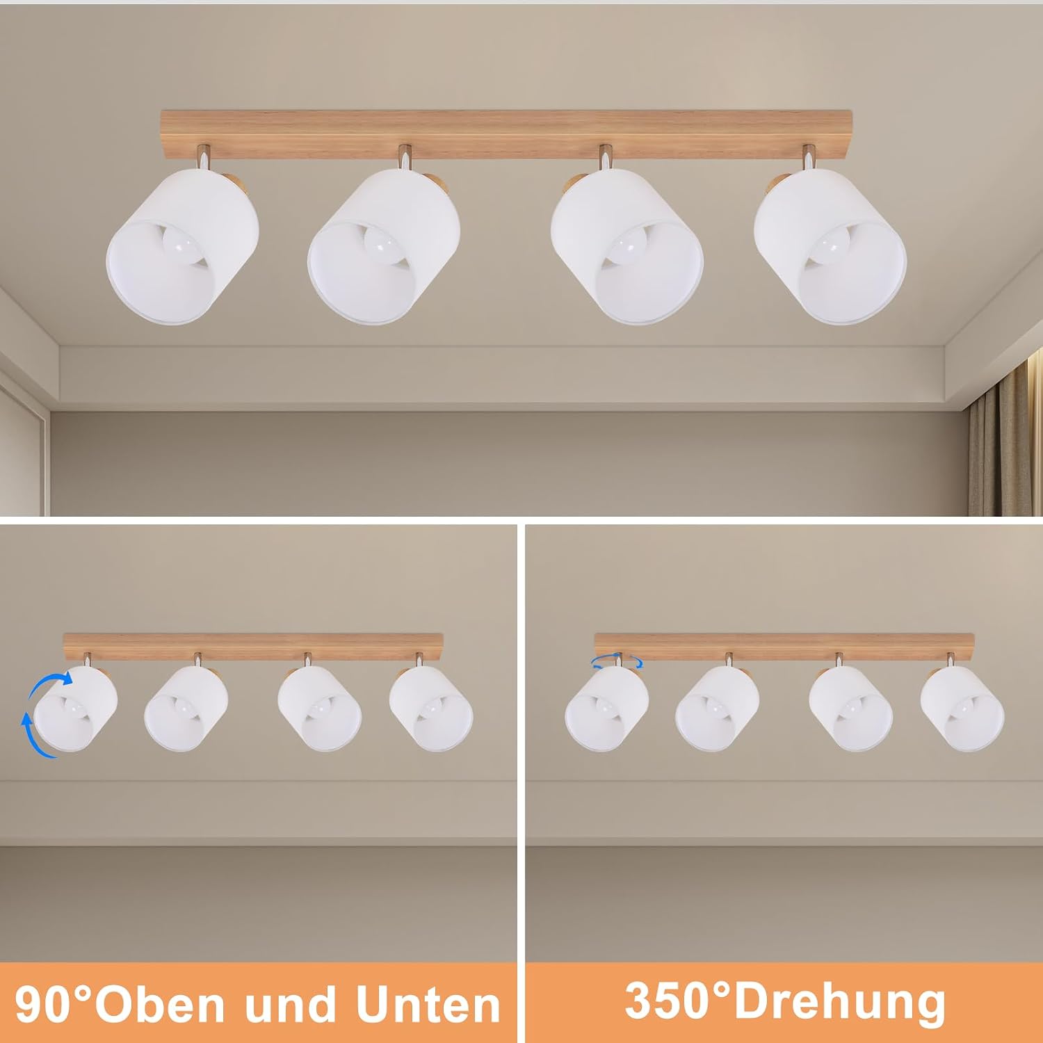 Detalle 2 de Glitzerlife Deckenstrahler 4-flammig mit Holzsockel, Stoffschirm und schwenkbaren Köpfen (E14, max. 25 W)