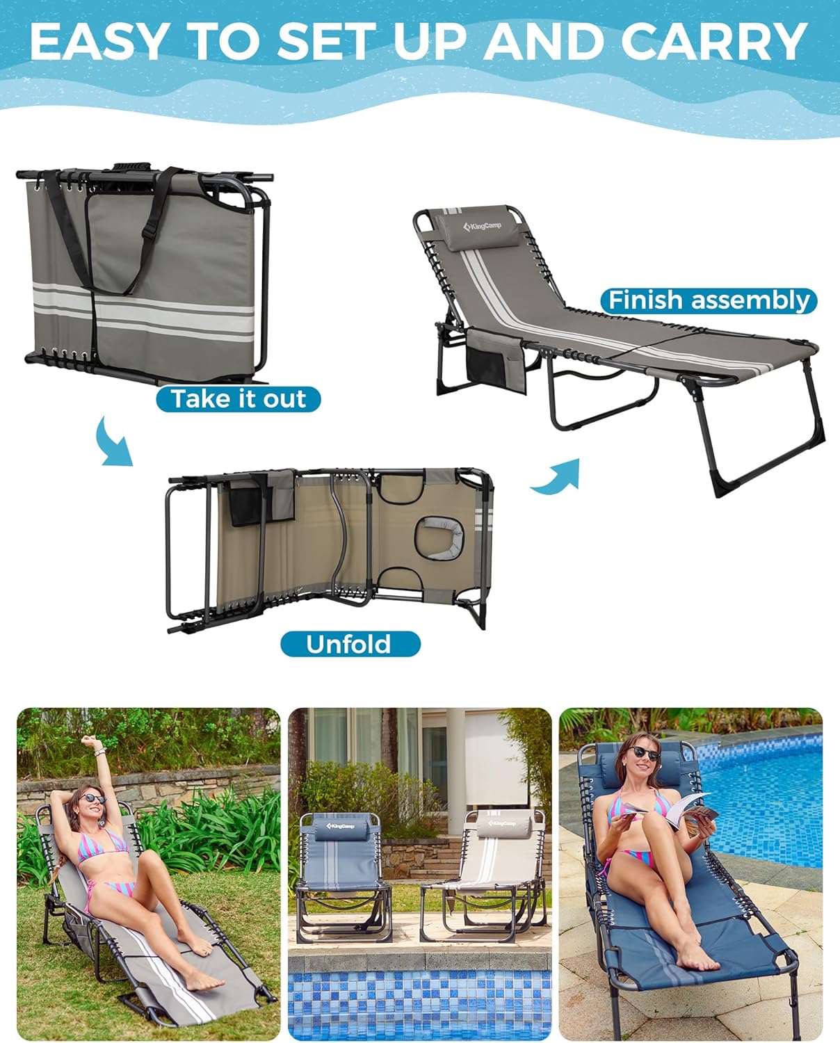 Thumbnail 6 de KingCamp Sun Lounger with Face Hole (up to 180 kg) – 5-position folding tanning chair for garden and beach