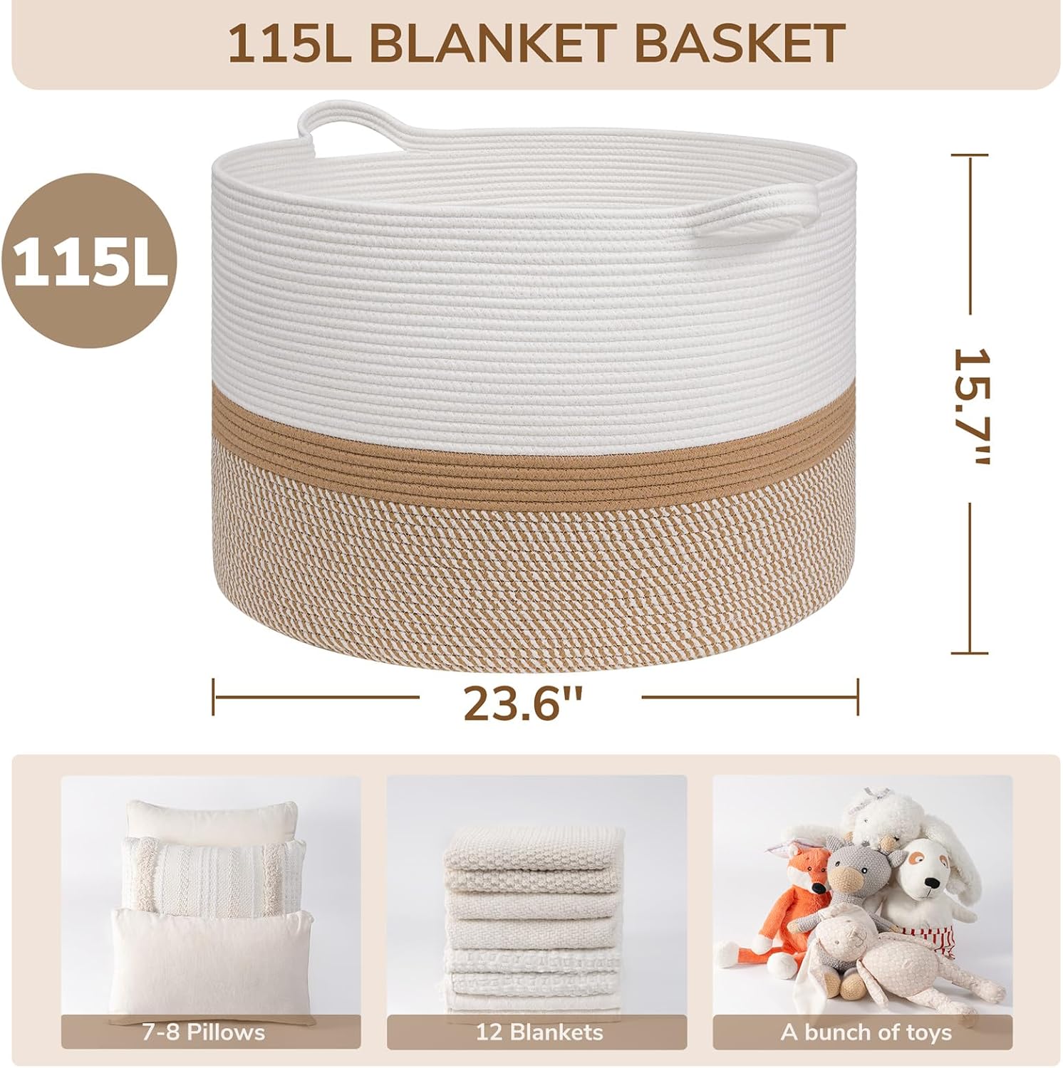 Detalle 2 de INDRESSME 115L Woven Cotton Rope Storage Basket, White and Camel