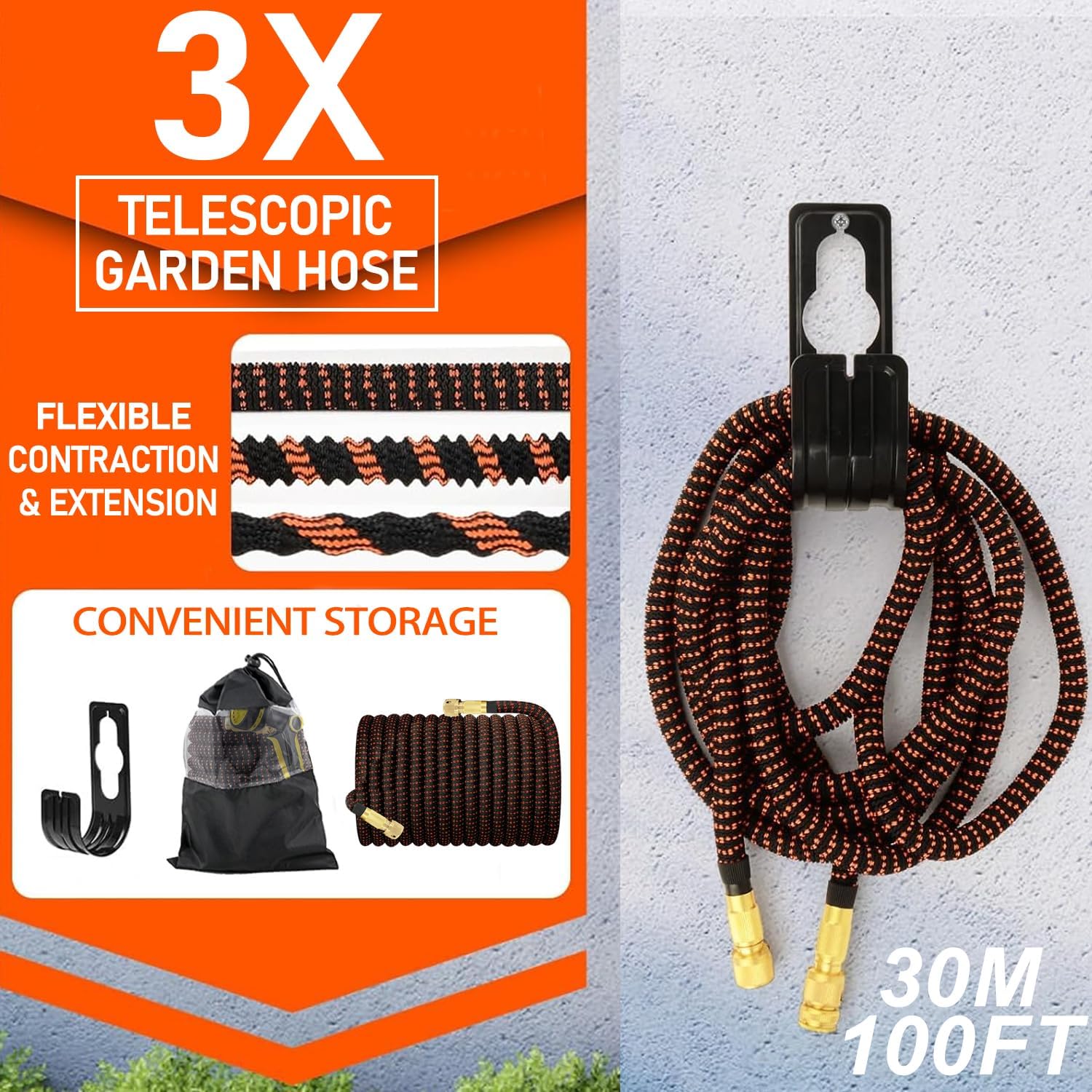Detalle 2 de RIZENCE Upgraded Expandable Garden Hose Pipe 30–100ft with 10-Mode Spray Gun (10m)