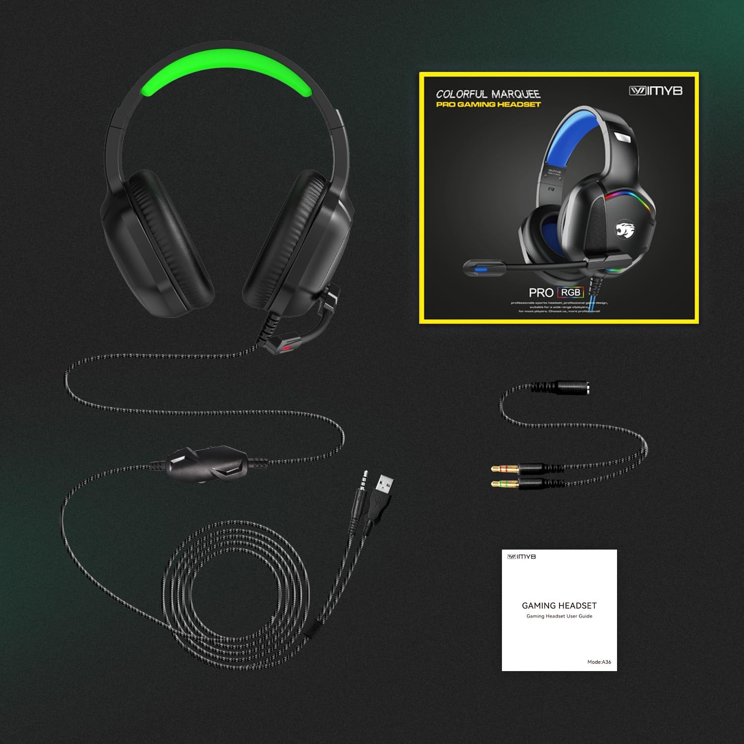 Detalle 2 de IMYB A36 Gaming Headset with Mic, 50mm Drivers and RGB Lighting