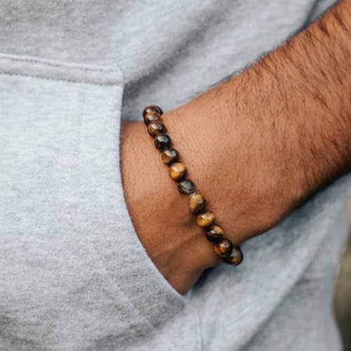 Detalle 2 de RANKEEF Tiger Eye Bracelet Set for Men – 8mm Natural Stone Beads, Lava Rock & Black Crystal, Adjustable Unisex Gift