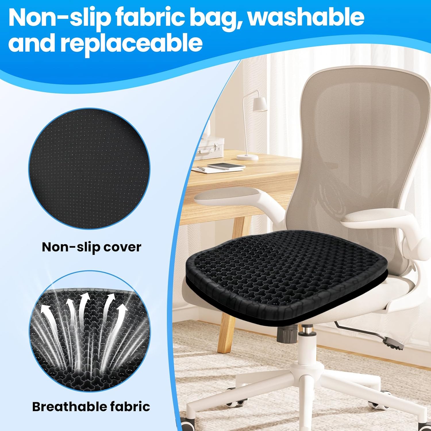 Thumbnail 5 de Wenisuow Gel Seat Cushion with Cover (Double Thick Egg Cushion, Black) for Office, Car, Home & Wheelchair