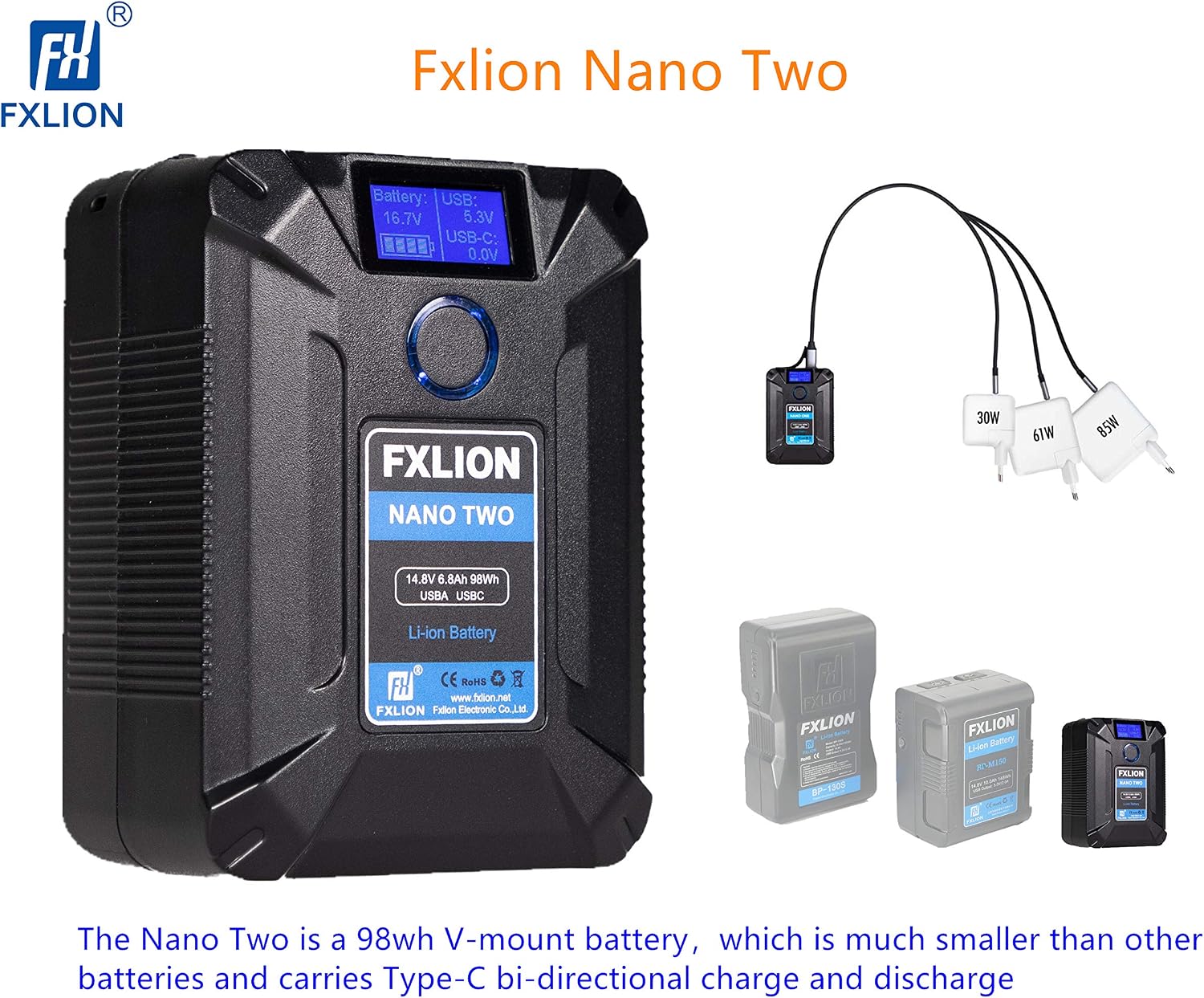 Detalle de SONGING Fxlion NANO TWO 98Wh: Tiny V-mount Battery with Type-C, D-Tap, USB Ports