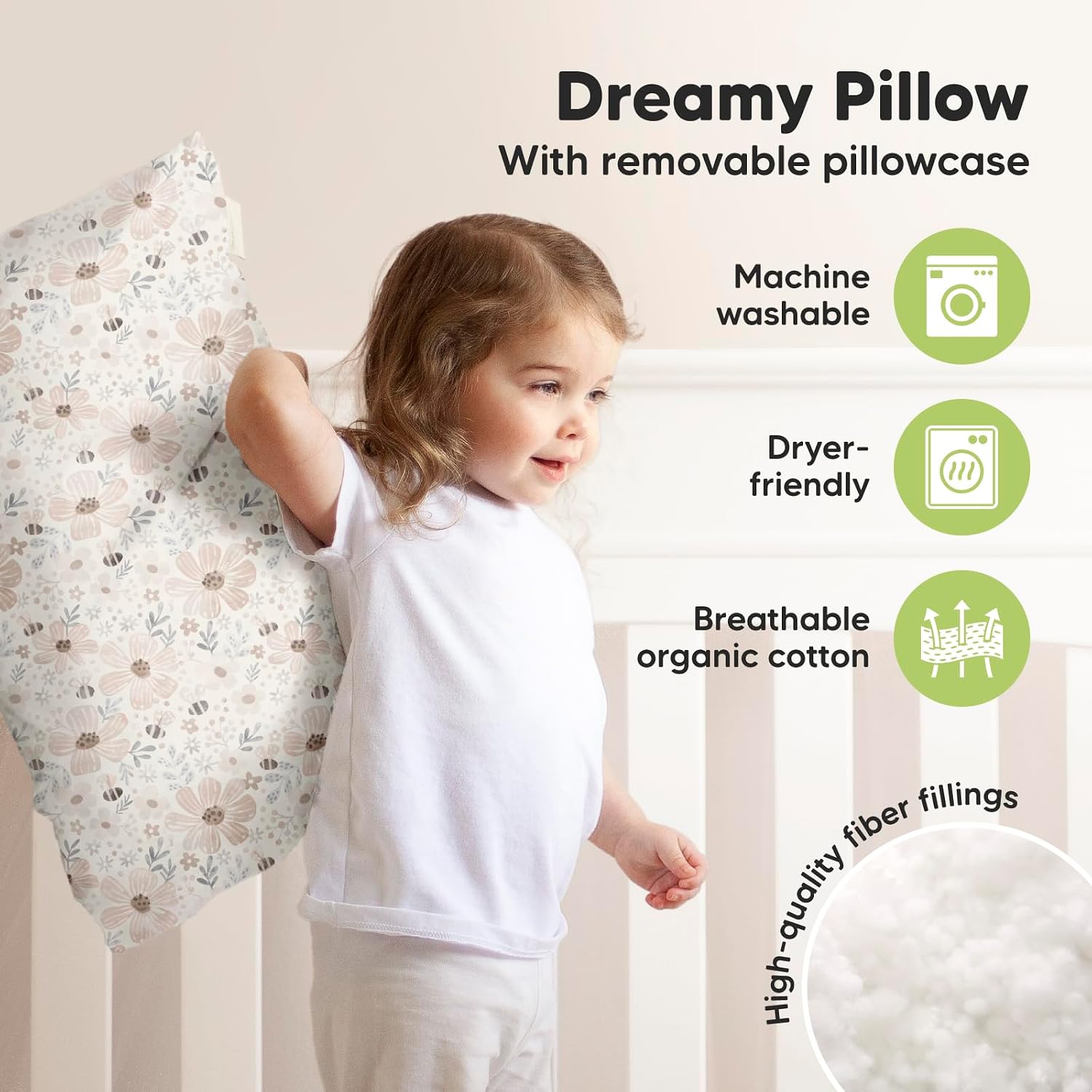 Detalle 2 de KeaBabies Jumbo Toddler Pillow, 14 x 20 in, Organic Cotton, Flora Vale