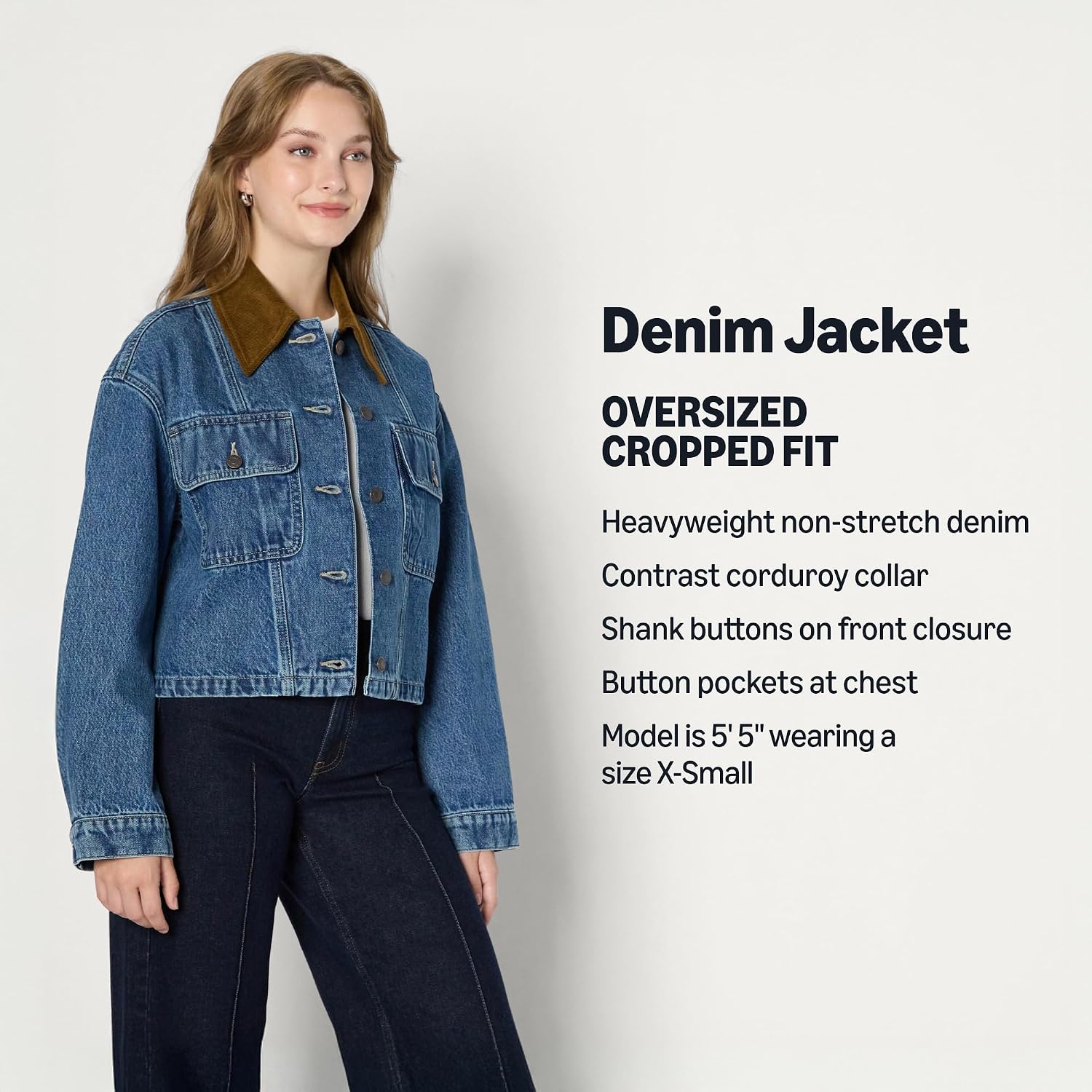 Detalle de Amazon Essentials Women's (Demi's Pick) Oversized-Cropped Denim Jacket with Contrast Corduroy Collar