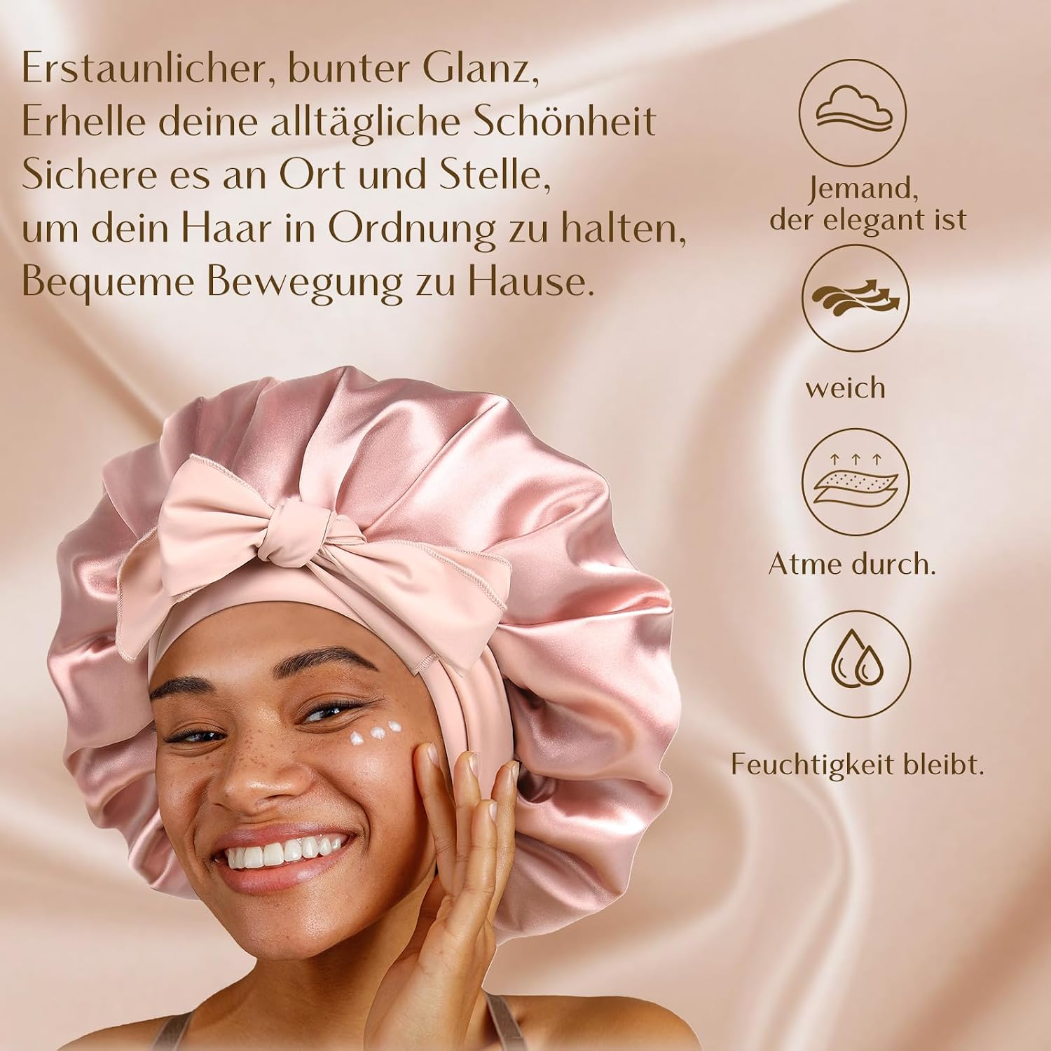 Detalle de YANIBEST Seidenschlafmütze für Frauen, doppellagig mit Satin-Futter und Bindeband für lockiges Haar